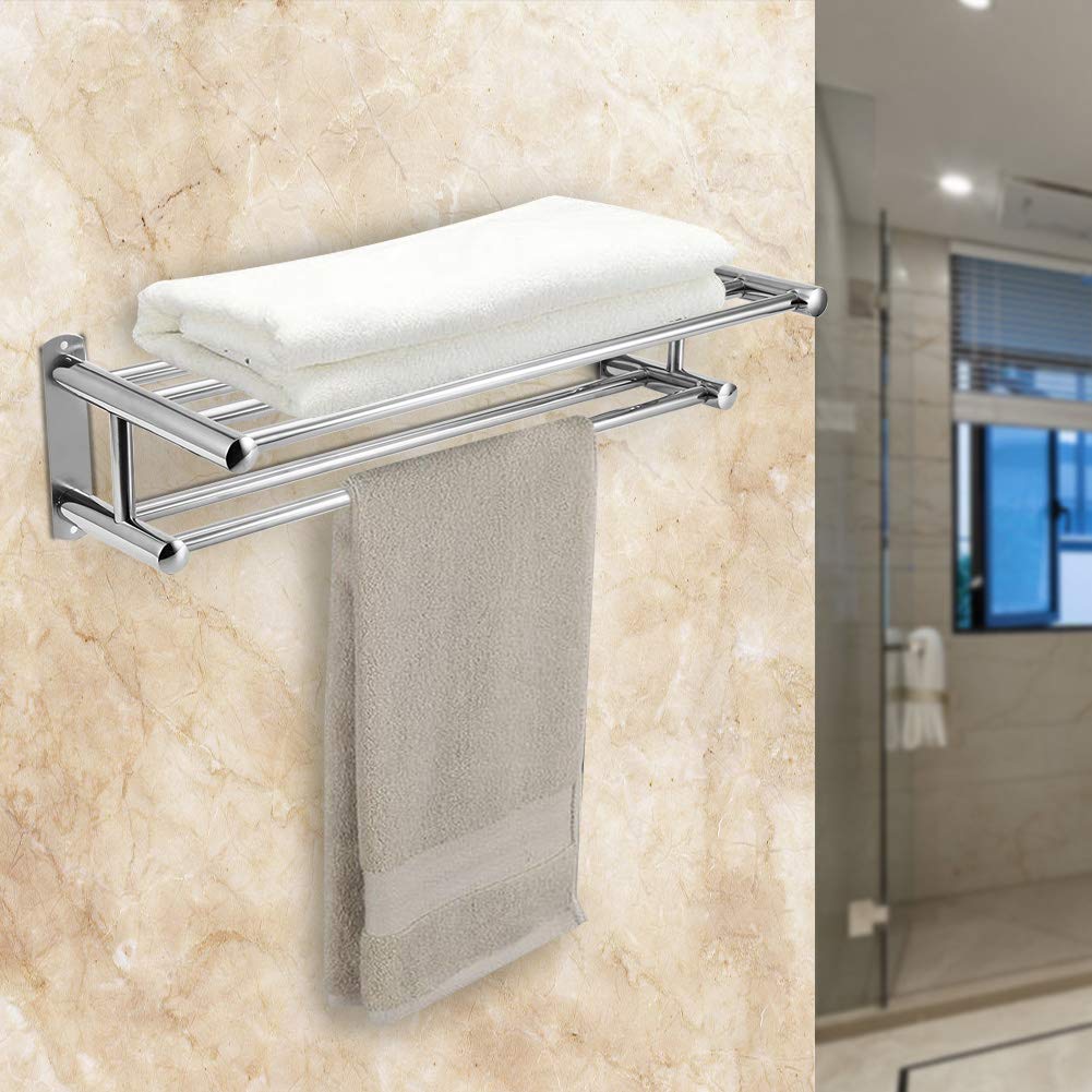 Wall Mounted Double Towel Rack & Shelf for Bathroom Storage - Space Saving Organizer
