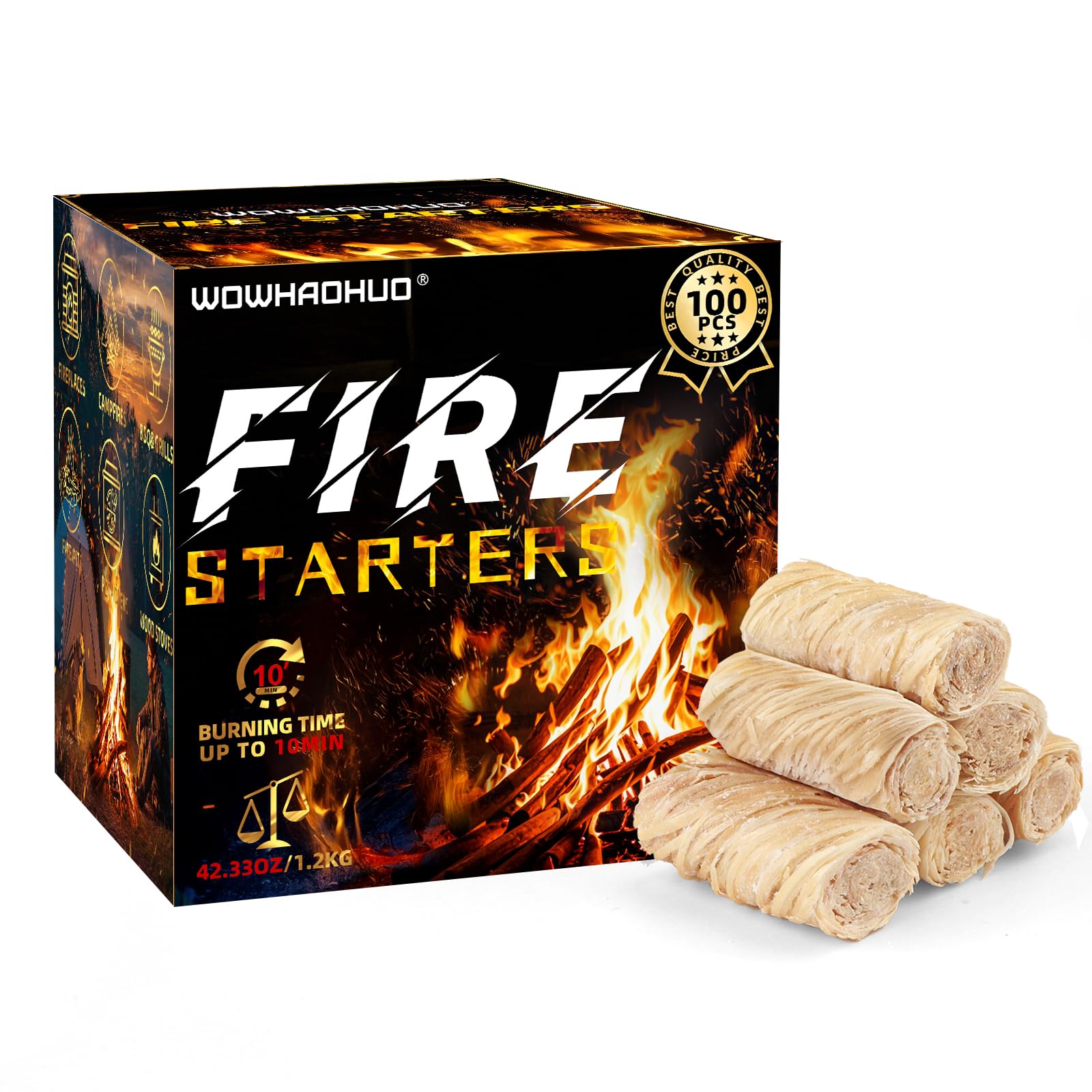 100Pcs Natural Fire Starters - Waterproof & Long-Lasting for Fireplace, Grill, BBQ, Camping, Survival Kit | Perfect for Chimney, Fire Pit, Wood Stove & Smoker | Ideal for Outdoor Adventures, Emergency Preparedness & Backyard Gatherings
