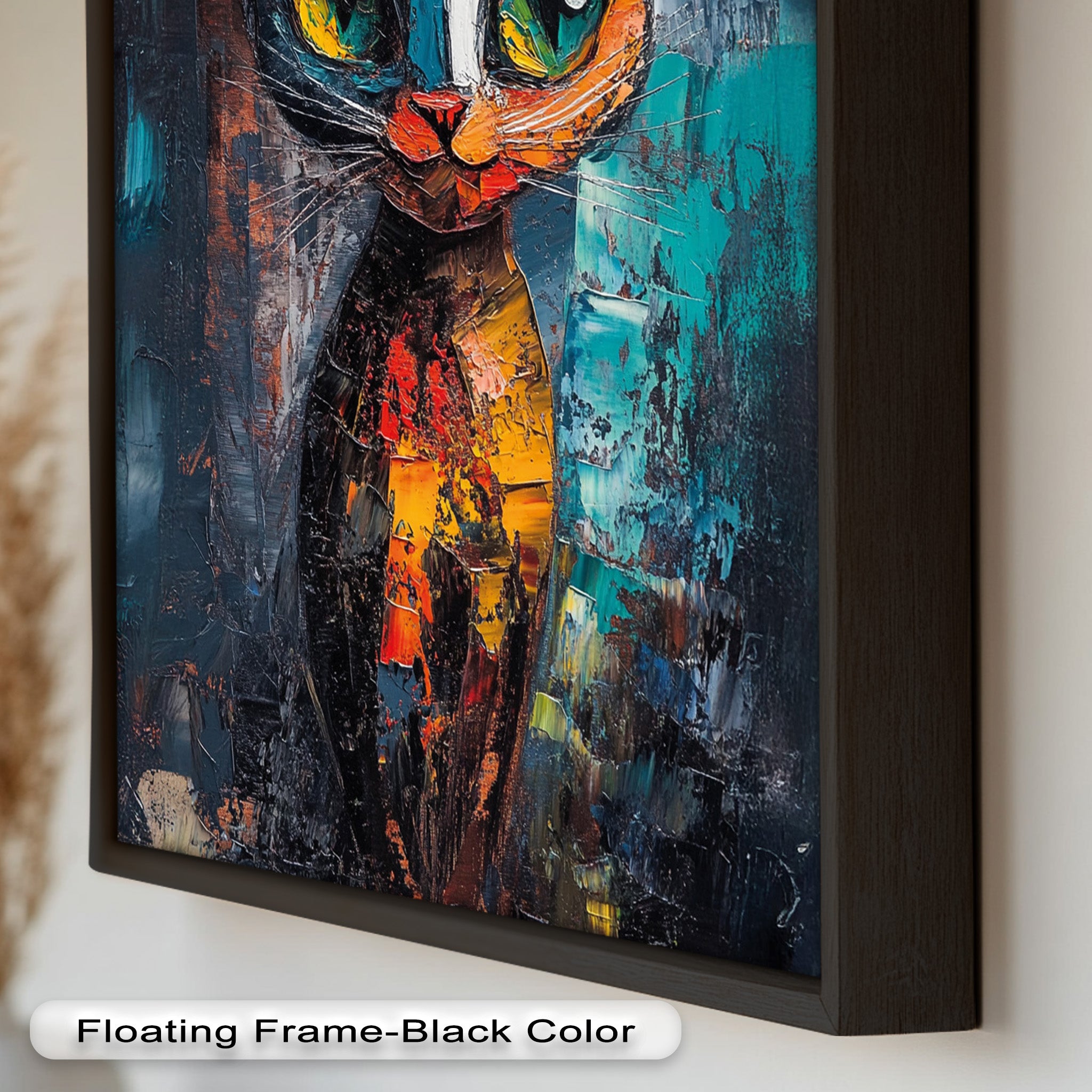 Abstract Cat Portrait with Neon Hues - Vibrant Animal Oil Painting Wall Art for Living Room, Bedroom & Office Decor