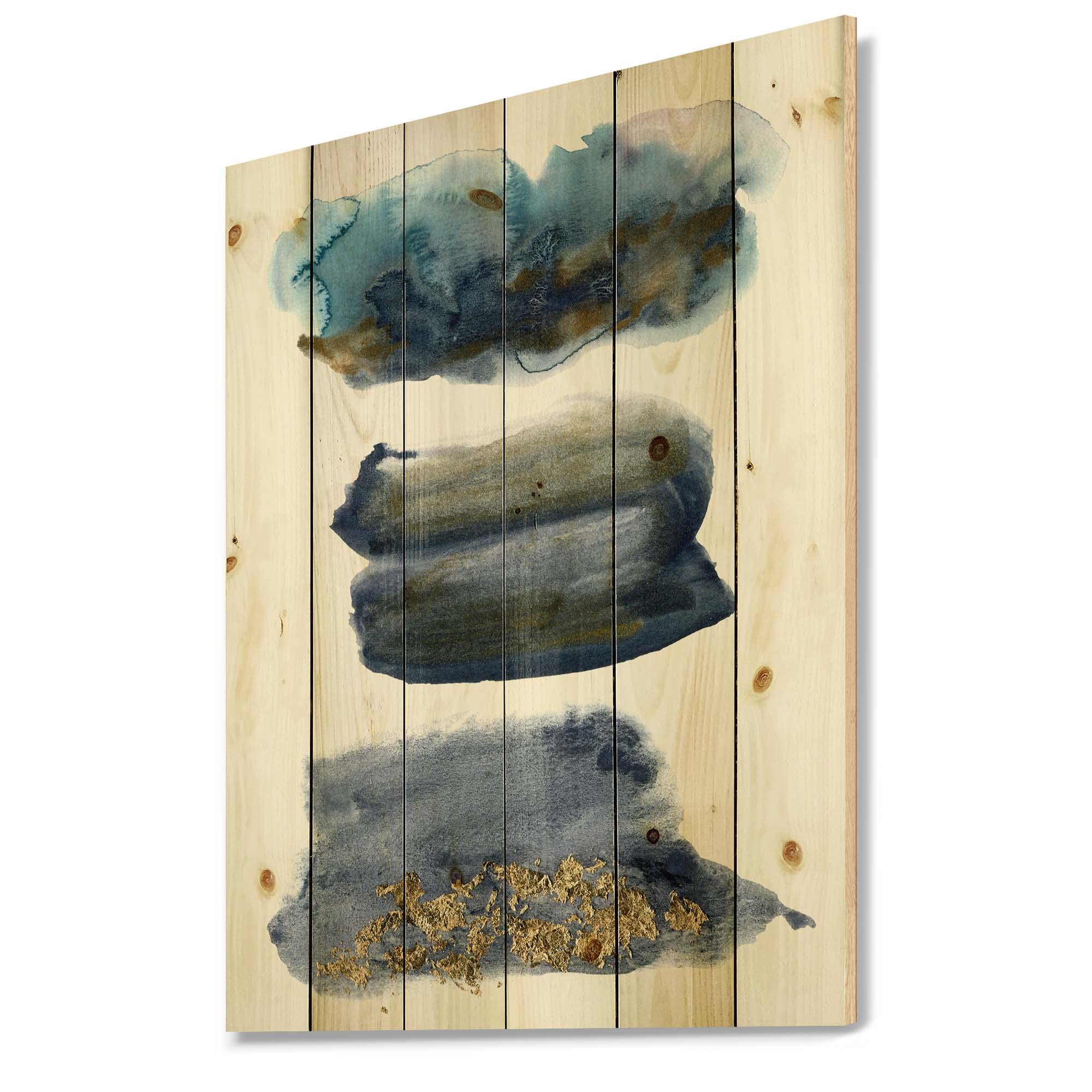 DesignQ Blue Aquatic Abstract Clouds with Gold Accents - Modern Wood Wall Art Decor, Large Contemporary Wooden Panel Printed on Natural Pine - Perfect for Living Room, Bedroom, or Office Wall Decoration