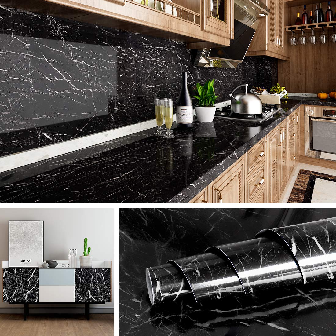 Livelynine Black Marble Peel and Stick Wallpaper - Waterproof & Oil Proof Contact Paper for Kitchen Countertops, Desks, Dressers & Tables (15.8x78.8 Inches) - Perfect for Home Renovation & DIY Decor Projects