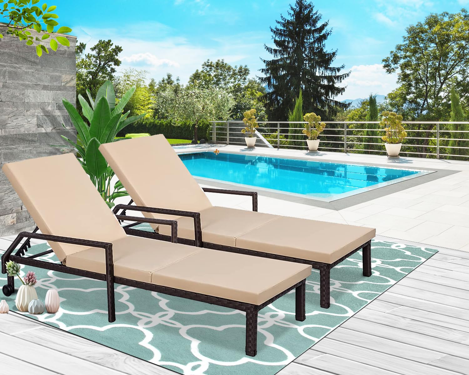Premium Outdoor Patio Chaise Lounge Chair Set - 2-Piece PE Rattan Wicker Sun Lounger with Adjustable Backrest, Weather-Resistant Brown/Beige - Perfect for Poolside, Garden, Backyard Relaxation & Patio Decor