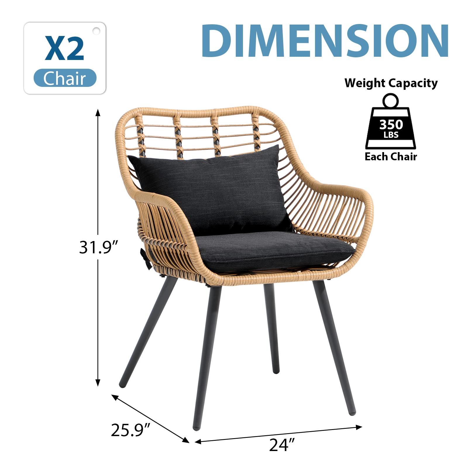 JOIVI 2-Piece Outdoor Wicker Chair Set with Cushions - Rattan Patio Dining Chairs with Armrests & Iron Frame - Weather-Resistant Garden Furniture for Balcony, Porch, Backyard, Poolside & Outdoor Entertaining - Black