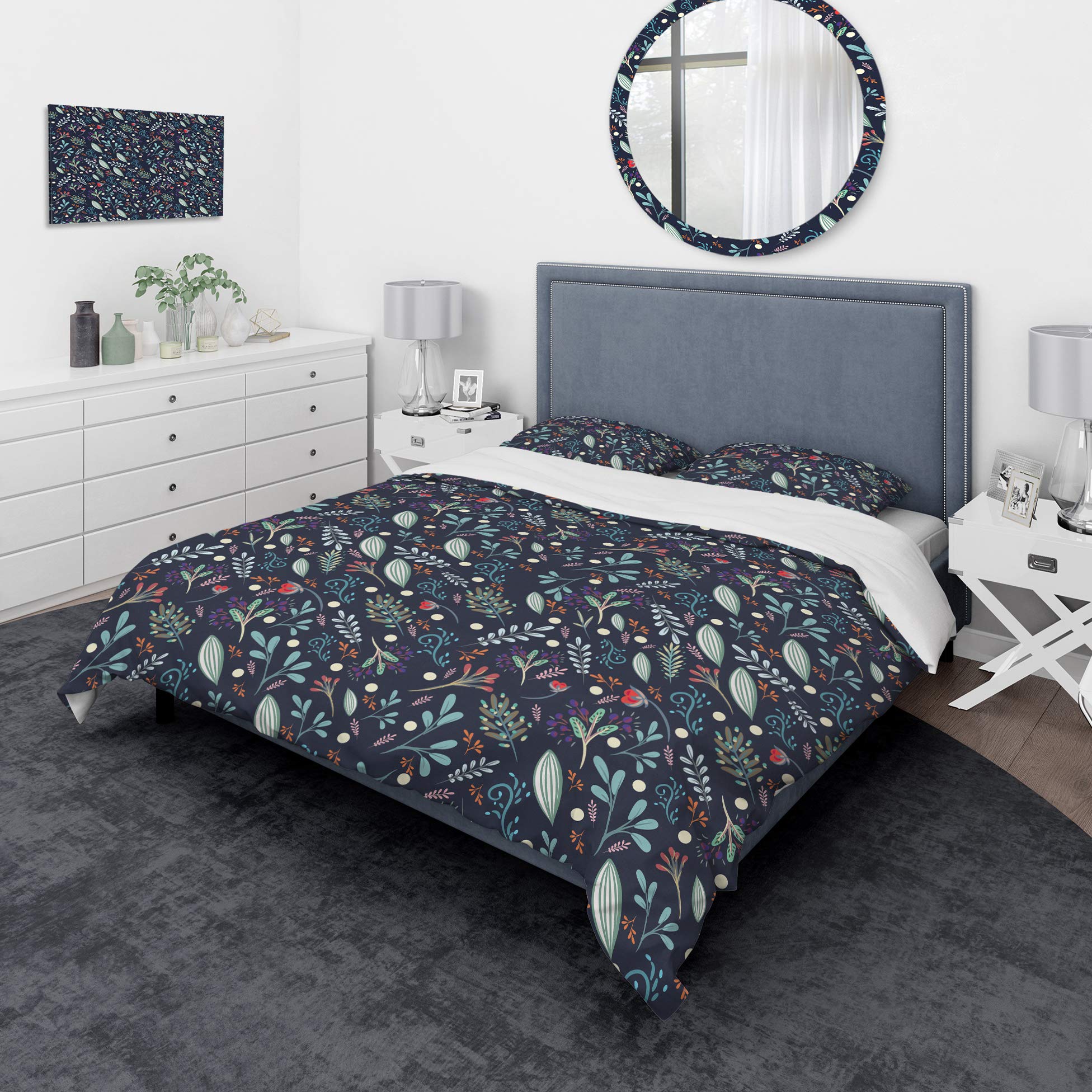 Dark Blue Modern Duvet Cover Set with Sparkling Forest Leaves Design - Perfect for Contemporary Bedrooms & Guest Rooms
