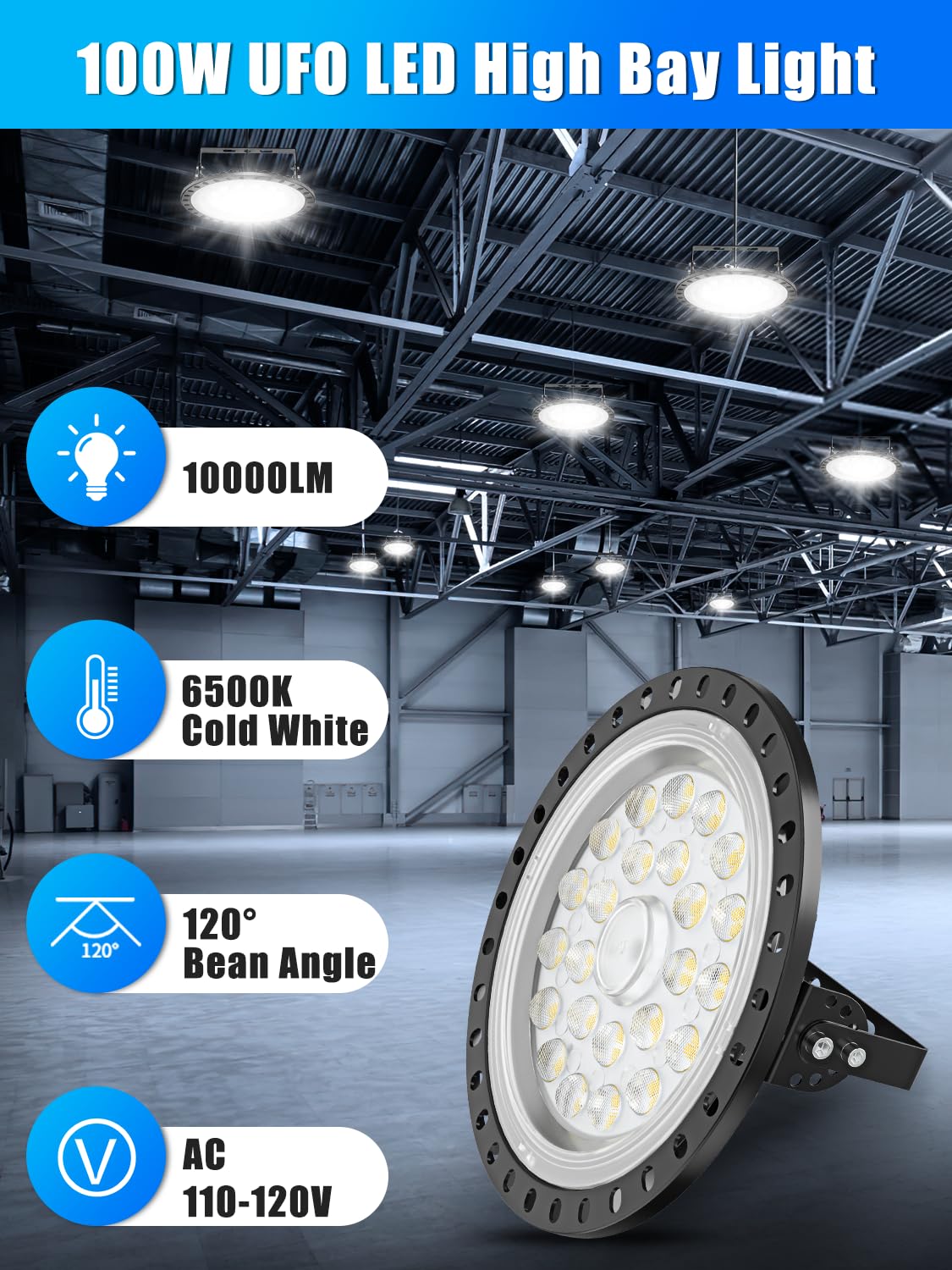Chunnuan UFO LED High Bay Light 100W, 10000LM Super Bright, 6500K Daylight White, IP65 Waterproof, Dimmable - Ideal for Factories, Warehouses, Workshops, Gymnasiums & Large Commercial Spaces