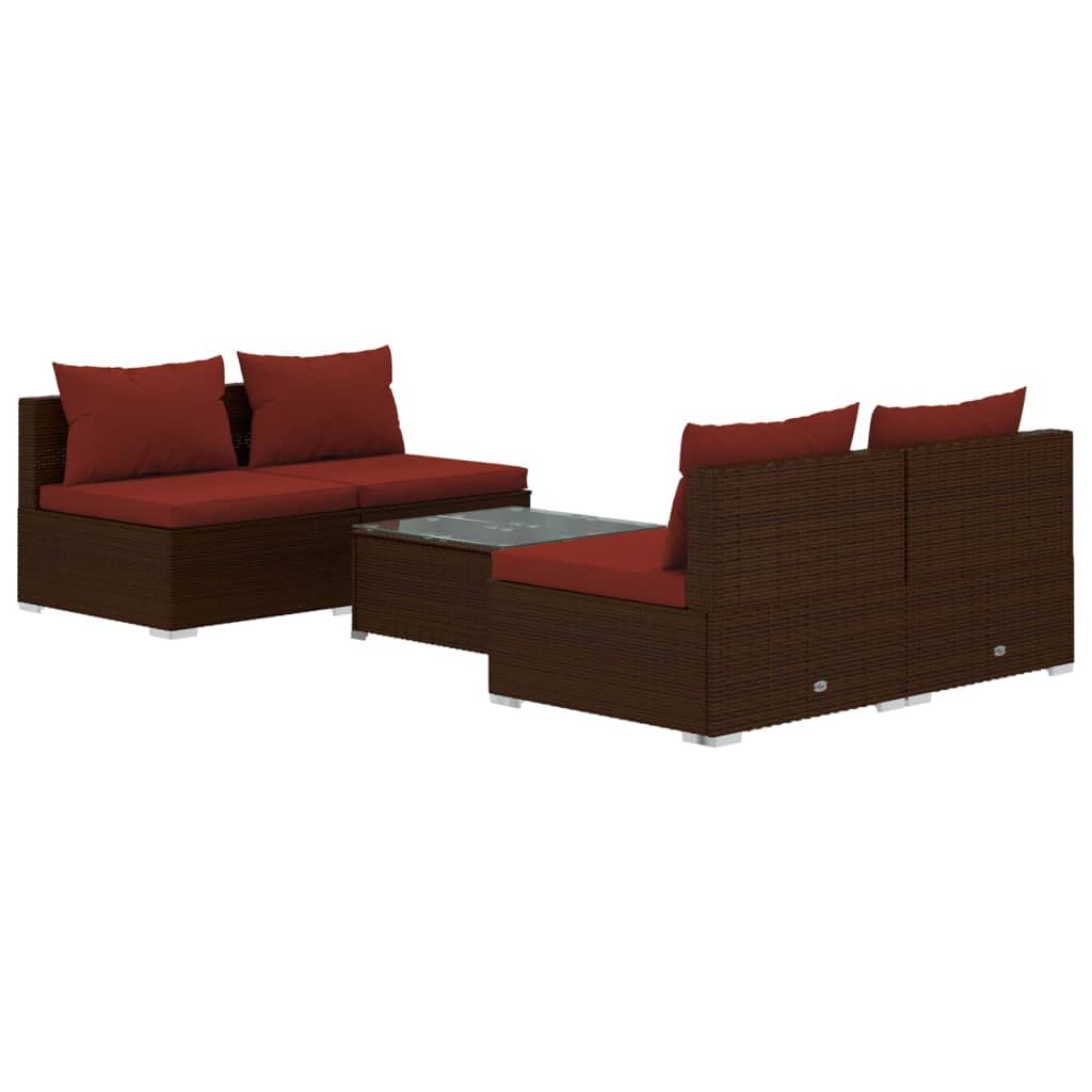 5-Piece Patio Lounge Set with Adjustable Arrangement - Durable Poly Rattan Outdoor Furniture with Powder-Coated Steel Frame & Cushions - Brown & Cinnamon Red - Perfect for Backyard, Garden, Poolside or Balcony Relaxation