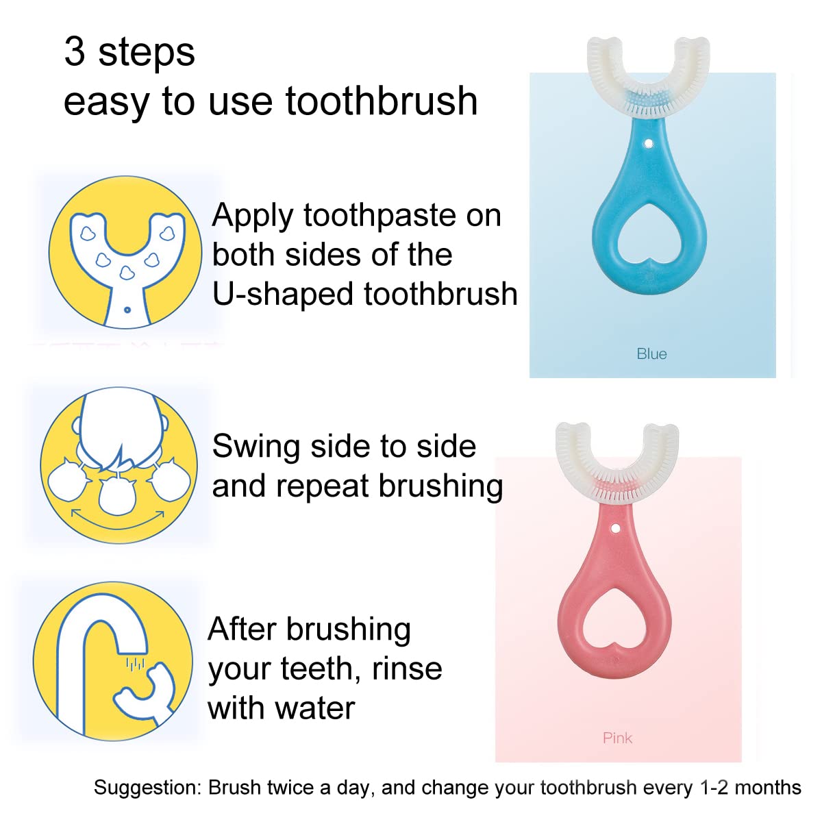 SATIS 2-Pack U-Shaped Silicone Toothbrushes for Kids Ages 2-6 Years - Soft Bristles, Easy Grip (Blue + Pink) - Perfect for Toddler Dental Care & Early Brushing Training