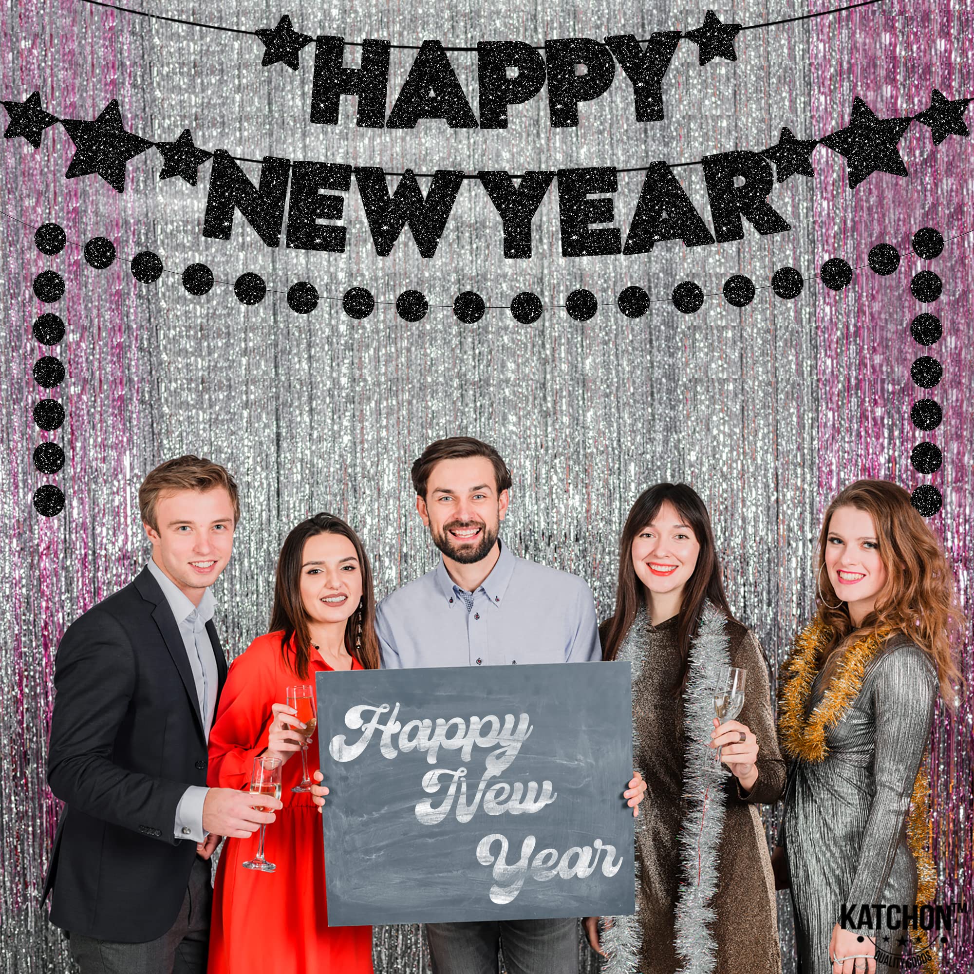 KatchOn 10ft Glitter Happy New Year Banner 2025 - Pre-Strung Black NYE Party Decor | New Year's Eve Sign, Garland & Celebration Supplies for Home, Office & Event Decorations