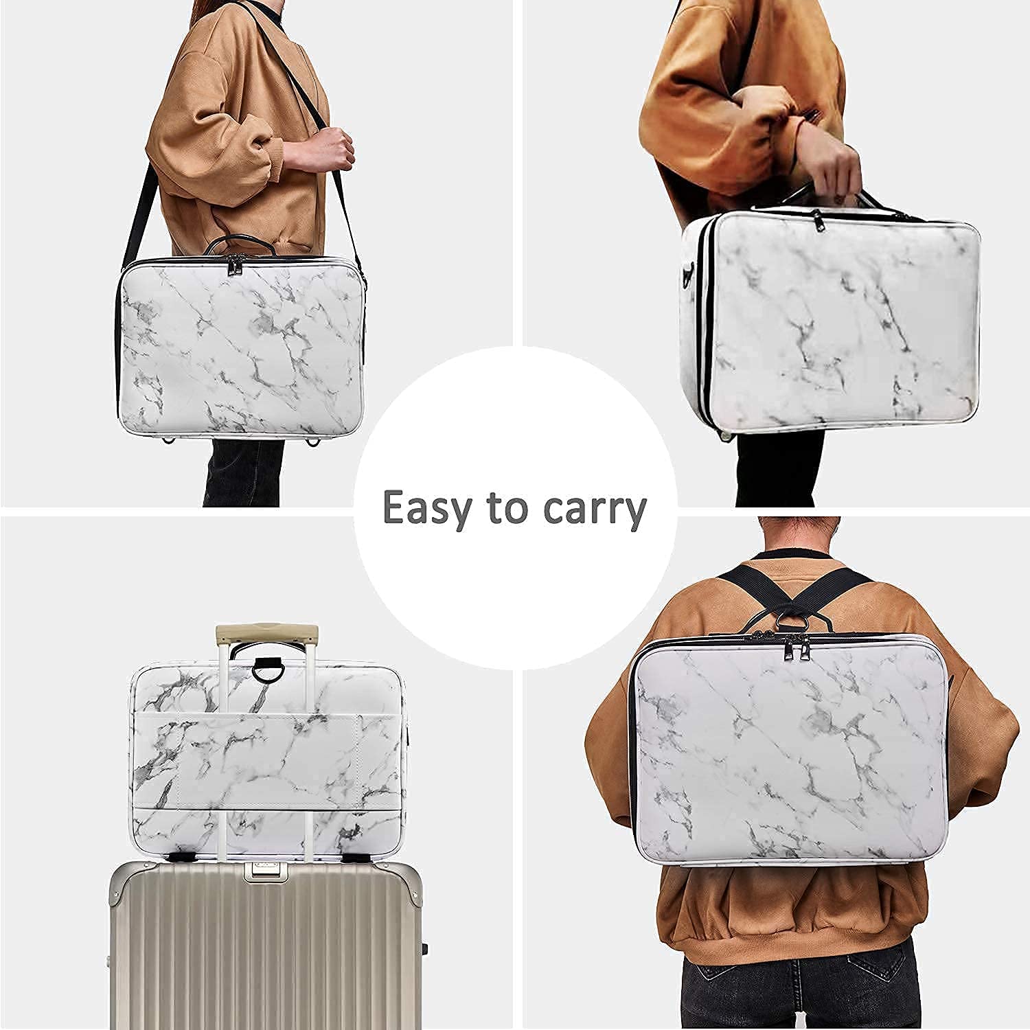 JOURMON Travel Makeup Case - Portable Cosmetic Train Case Organizer with Adjustable Dividers & Shoulder Strap for Makeup Brushes & Toiletries | Perfect for Travel, Salon Professionals & Home Storage (Marble White Black, Large)