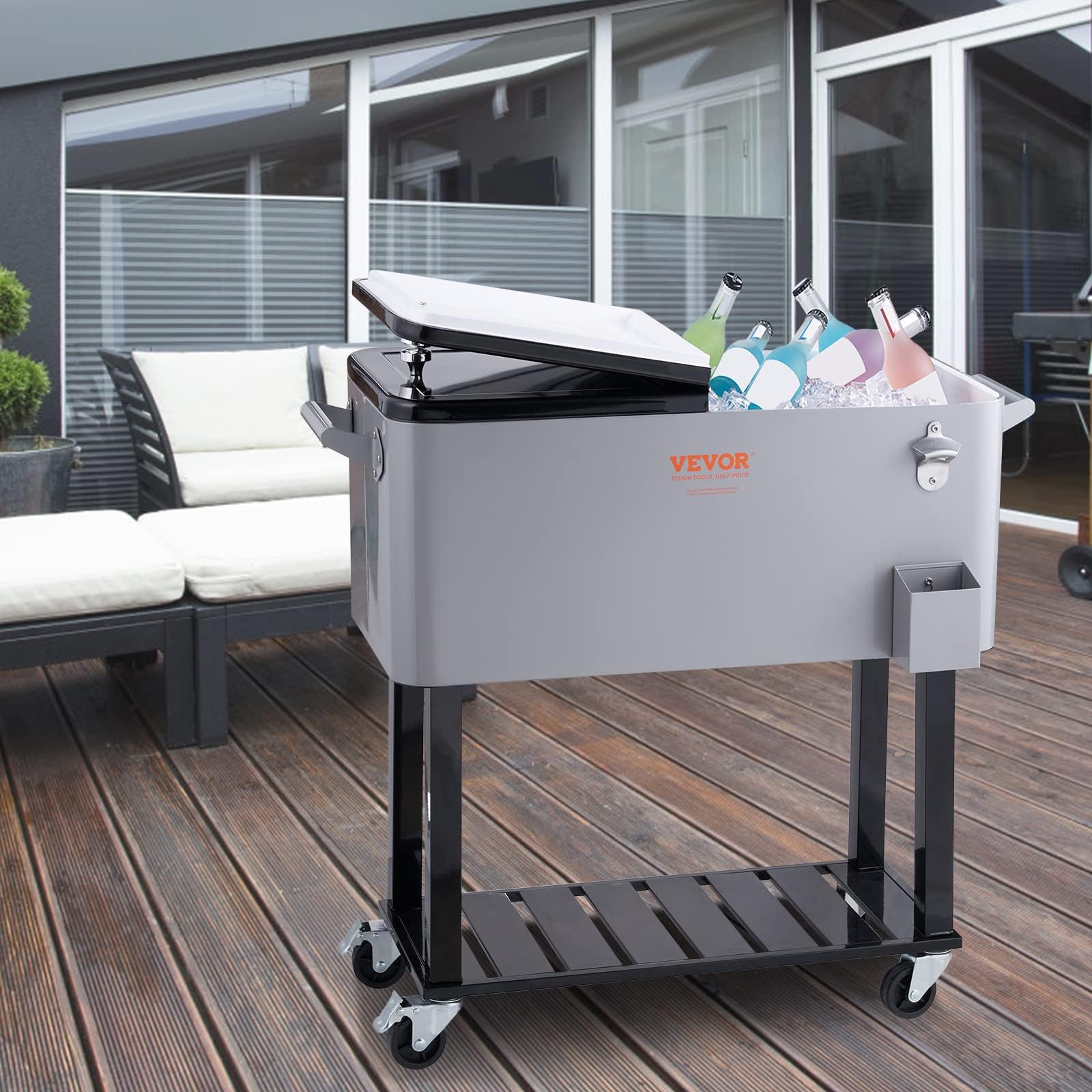 VEVOR 80 Quart Rolling Ice Chest Cooler Cart with Wheels & Handles - Portable Beverage Cooler for Drinks, Beer, Wine - Outdoor Bar Cart for Patio, Backyard, Pool Parties, Camping & Tailgating - Includes Bottle Opener (Silver)