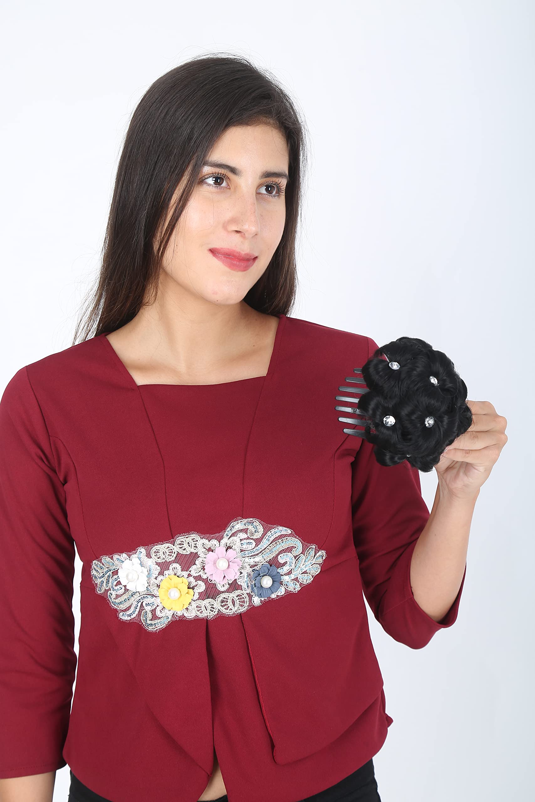 La Belleza Women's Hair Clutchers with Stones - Juda Bun Hair Extension - Artificial Synthetic Hair in Natural Black for Weddings, Parties & Special Occasions