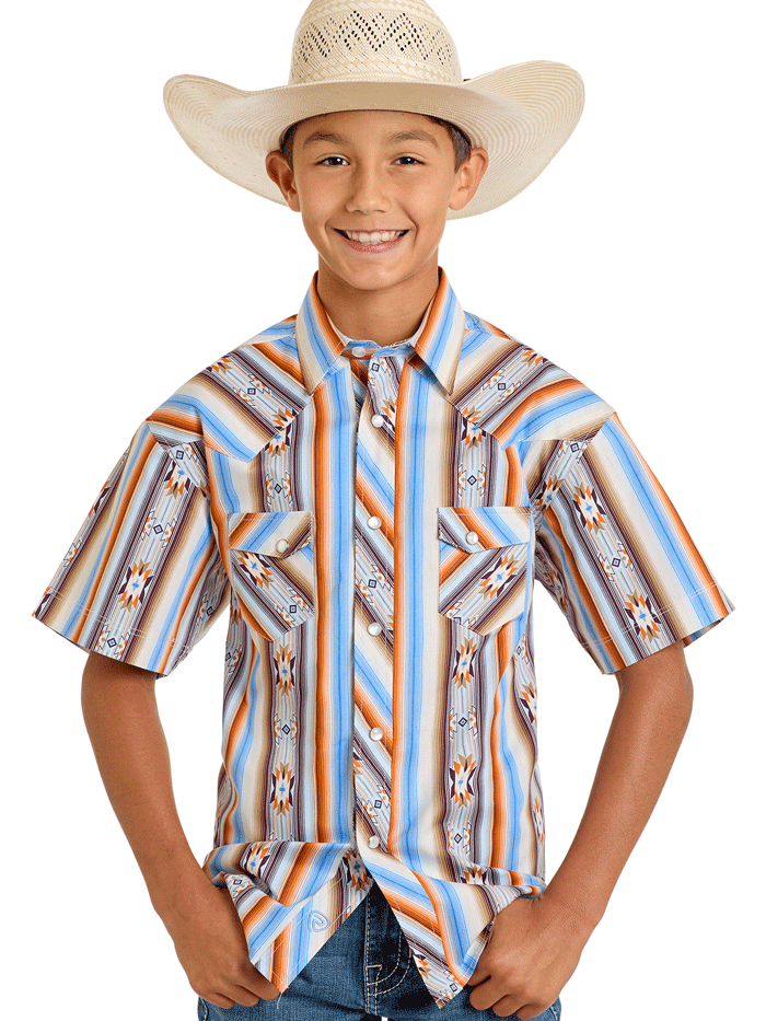 Rock & Roll Denim Kids Short Sleeve Stripe Aztec Print Shirt - Orange Tribal Style T-Shirt for Boys & Girls - Perfect for Music Festivals, Birthday Parties & Casual Wear