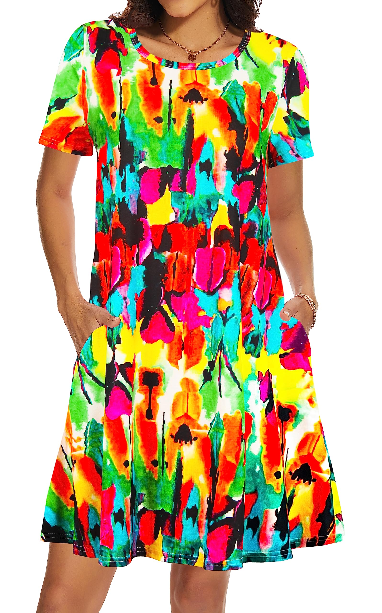 Women's Casual Summer Beach Sundress - Short Sleeve T-Shirt Dress with Pockets | Perfect for Vacation, Pool Party & Outdoor Activities