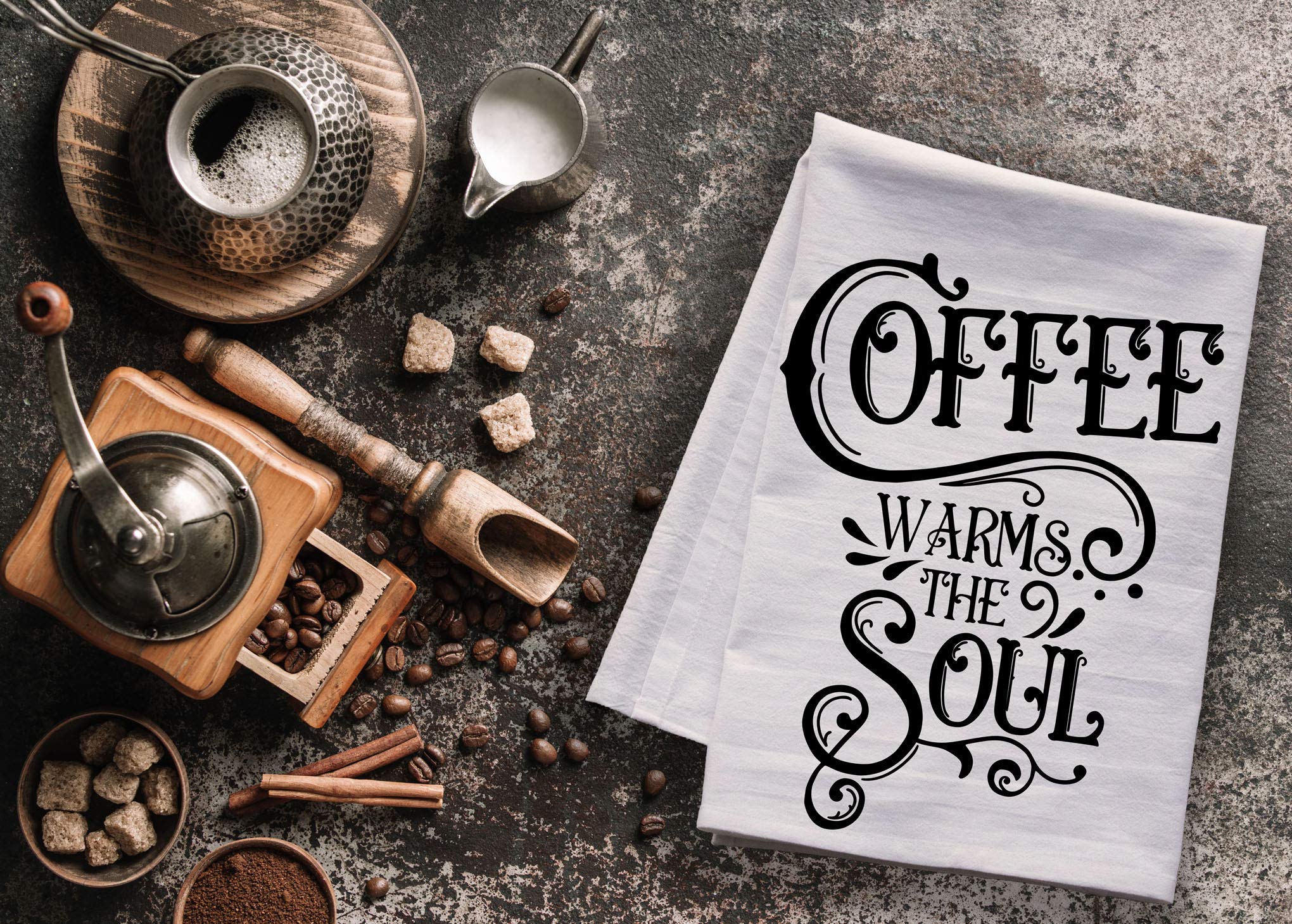 Coffee Warms the Soul - Extra Large Premium Kitchen Towel - Coffee Themed Dish Towel & Tea Towel - Made in USA - Perfect for Coffee Lovers & Kitchen Decor