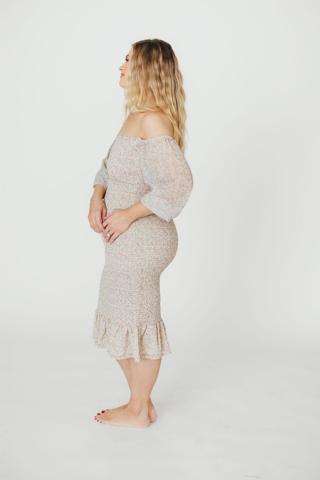 Stylish Cameron Stretchy Midi Dress with Ruffles - Beige & Blue Floral Print | Perfect for Casual Outings, Date Nights & Summer Vacations