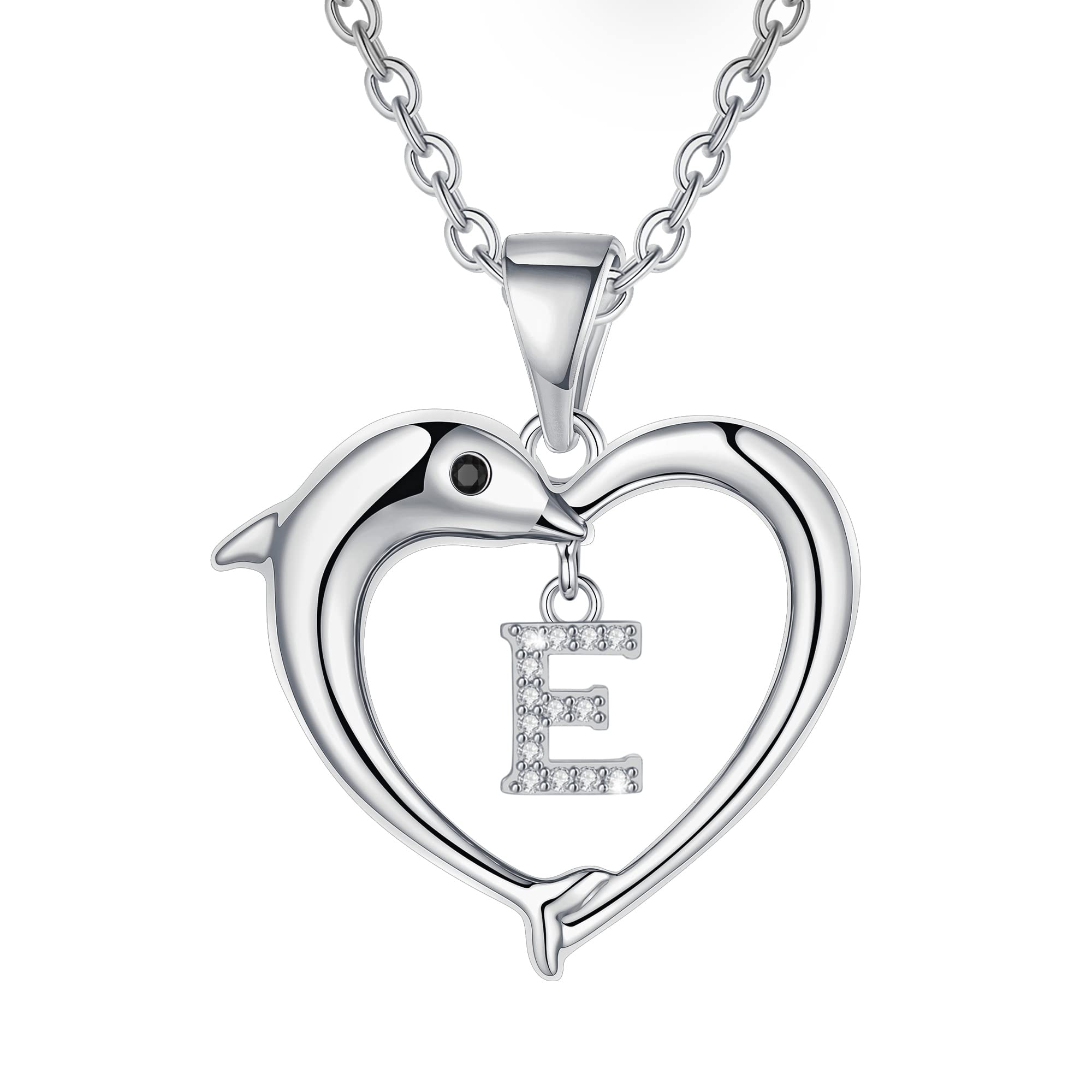 Dolphin Heart Initial Necklace for Women & Girls - CZ Letter Necklace Jewelry, Perfect Gift for Her - Great for Birthdays, Anniversaries, and Everyday Wear