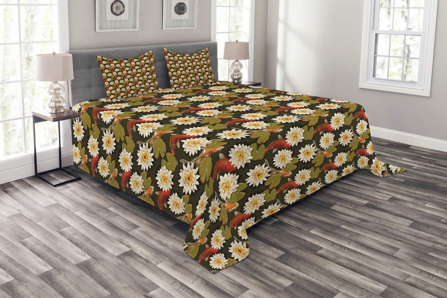 Ambesonne Japanese Koi Fish & Lotus Flower Bedspread Set - 3 Piece King Size Bedding with 2 Pillow Shams, Burnt Sienna Orange - Asian Inspired Home Decor for Bedroom, Living Room, or Guest Room