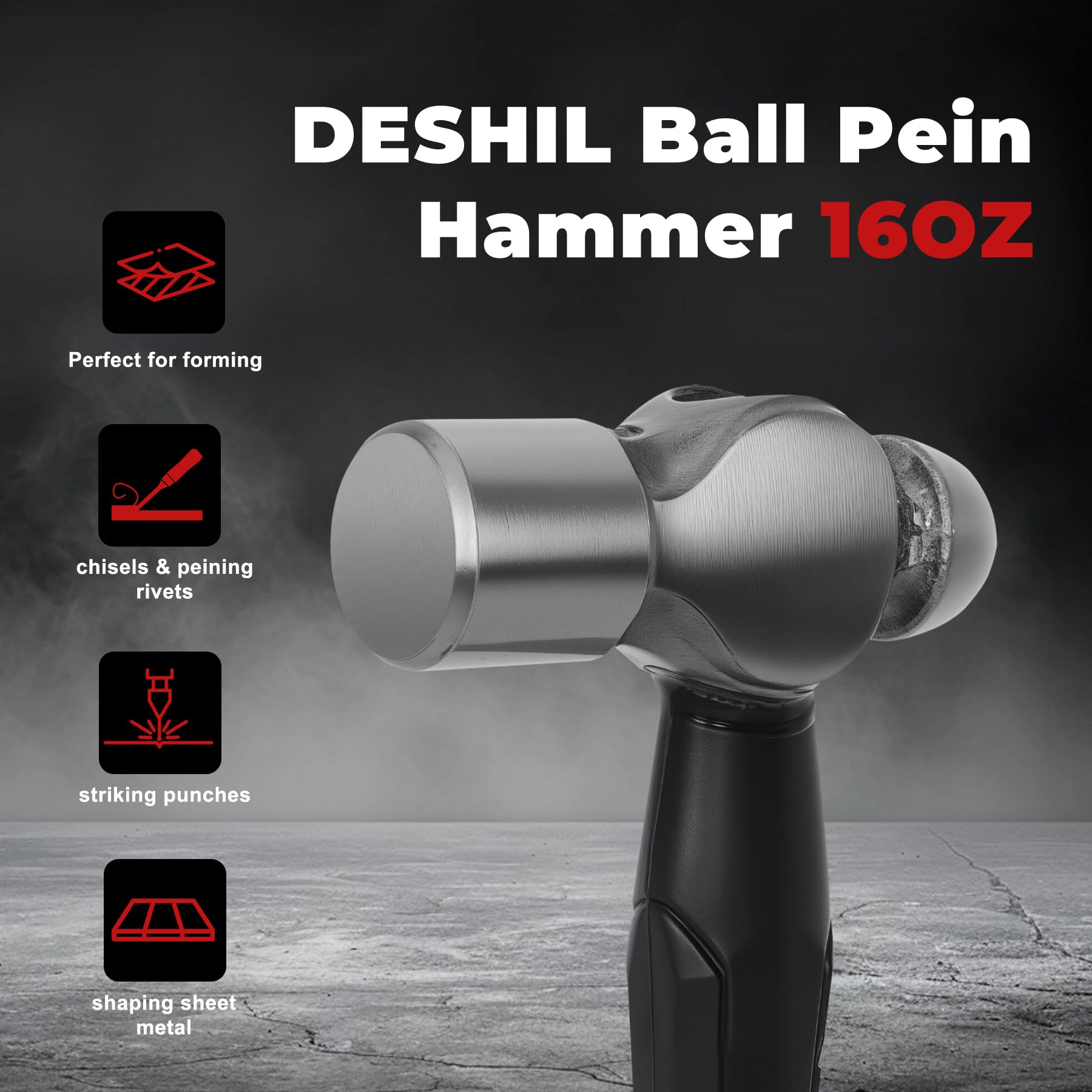 16 oz Ball Peen Hammer - Drop Forged Steel Construction with Shock Reduction Grip - Professional Metalworking & Woodworking Tool for DIY Projects, Automotive Repair, and Blacksmithing