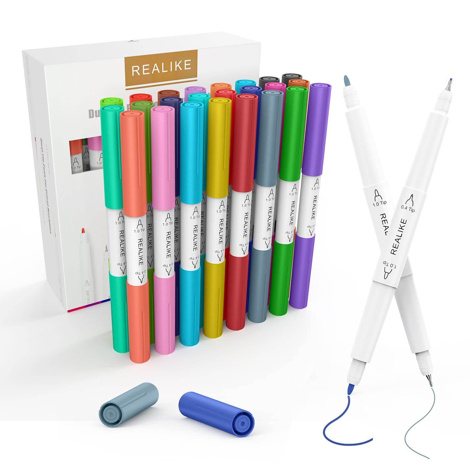 REALIKE 24-Pack Dual Tip Marker Pens for Cricut Maker 3, Maker, Explore 3, Air 2 & Air - Fine Point (0.4mm) & Bold (1.0mm) Writing & Drawing Pens - Perfect for DIY Crafts, Scrapbooking, Card Making & Vinyl Projects