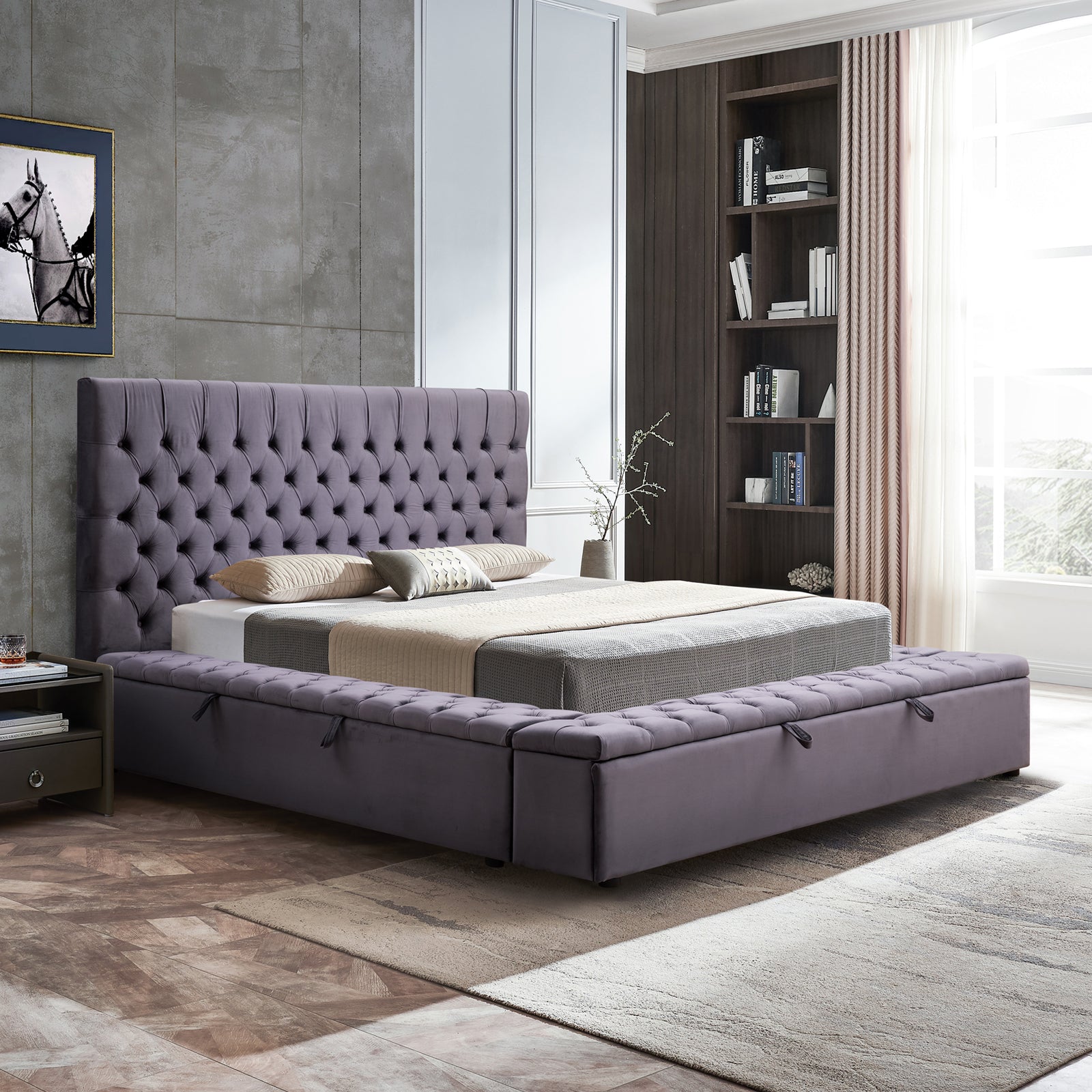 Luxury Anna Queen Size Bed Frame with Velvet Upholstery in Deep Grey - Elegant Bedroom Furniture for Master Suite or Guest Room