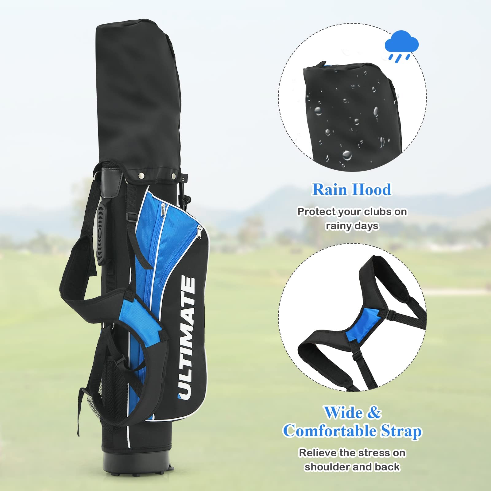 **Kids Golf Clubs Set for Boys & Girls Ages 11-13 - Right Hand Blue Youth Golf Clubs with 3# Fairway Wood, 7# & 9# Irons, Putter, Stand Bag, Head Cover & Rain Hood - Perfect for Junior Golf Training, Backyard Practice & Family Outings**