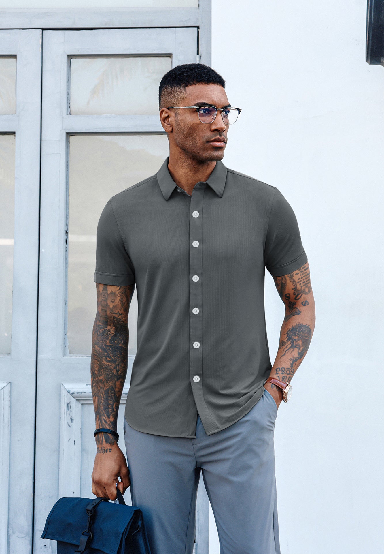 Men's Short Sleeve Casual Button Down Shirt - 4-Way Stretch Travel Dress Shirt for Business & Vacation - Comfortable Office Wear & Weekend Outfits