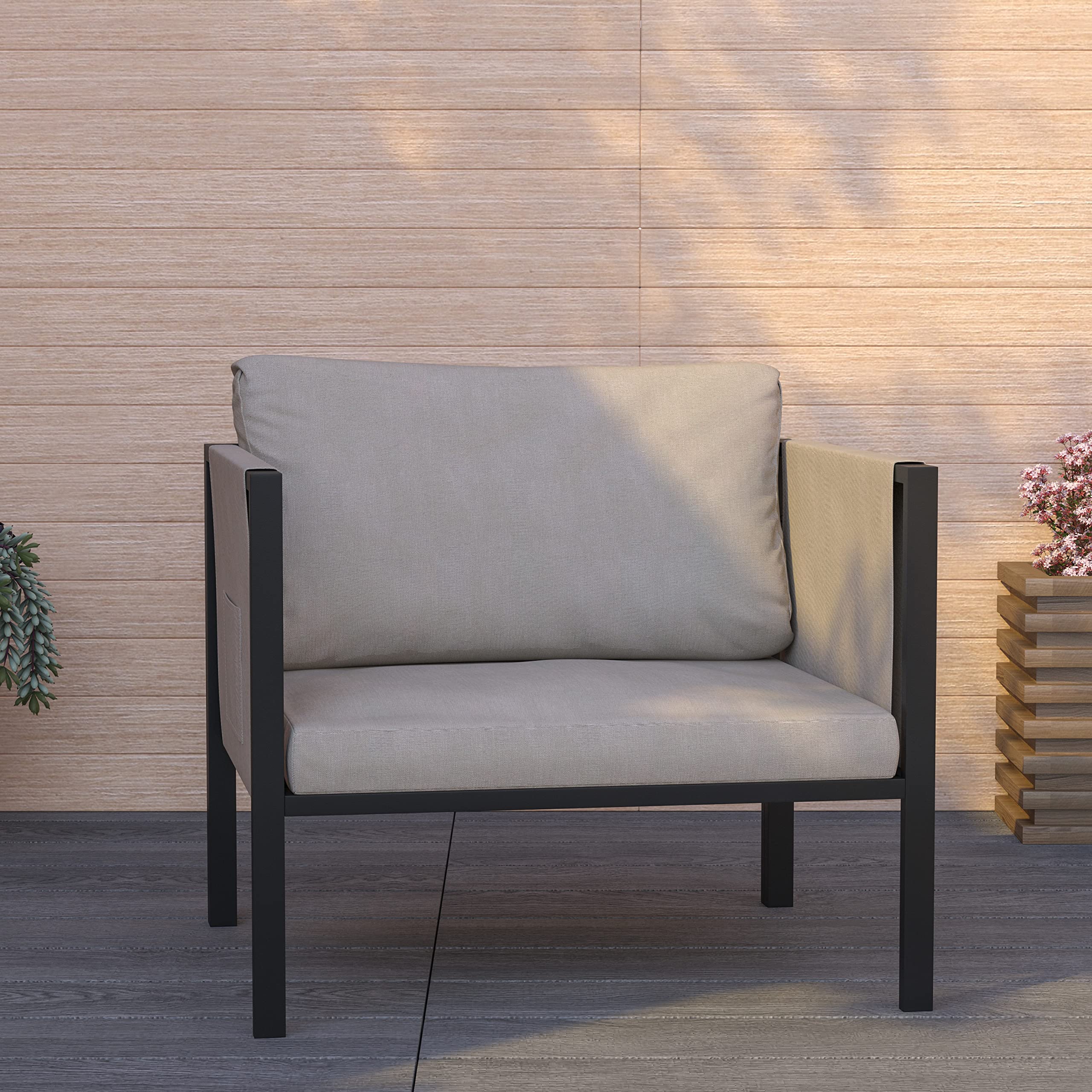 Merrick Lane Cape Cod Outdoor Patio Chair with Beige Removable Cushions - Black Steel Frame Single Seat - Perfect for Backyard, Poolside & Garden Relaxation