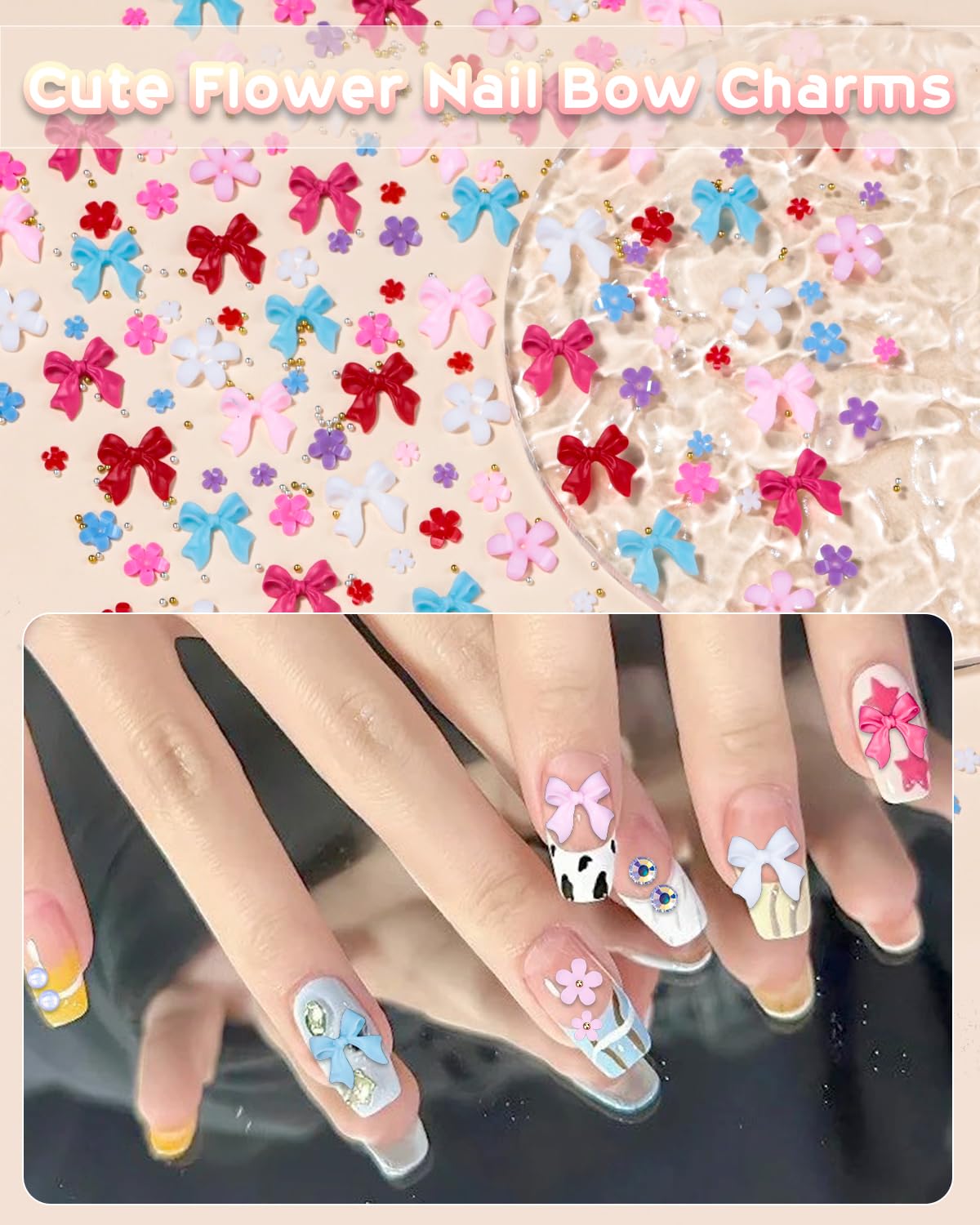 2 Boxes Flower Bow Nail Charms Set - Colorful Floral Nail Bows, Half Round Pearl Flatback AB Nail Gems for DIY Acrylic Nail Art | Perfect for Nail Salon, Home Manicure & Party Nail Designs