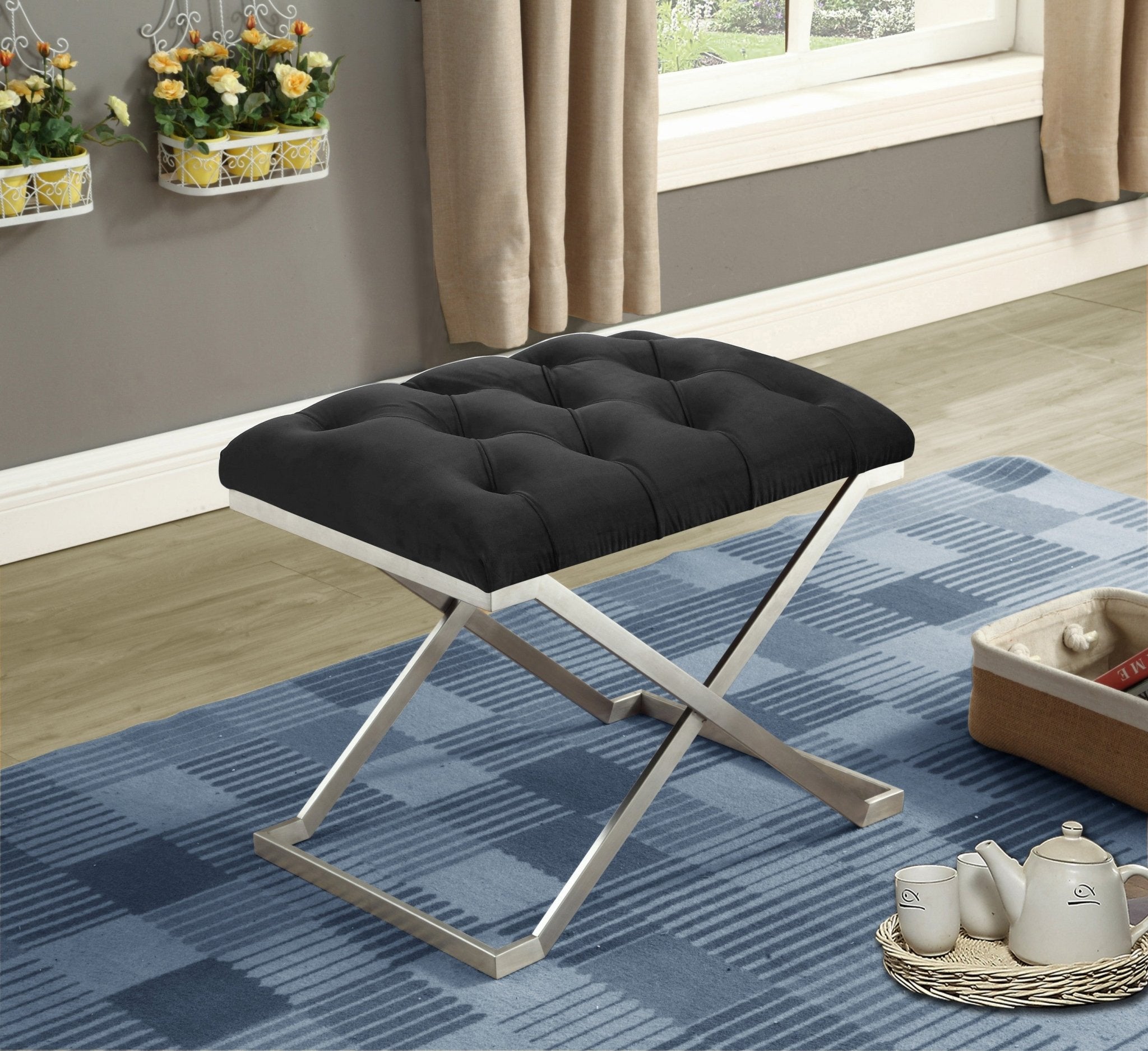 Luxury Black Velvet Storage Ottoman with Stainless Steel Legs - Modern Footstool Pouf for Living Room, Bedroom & Home Decor