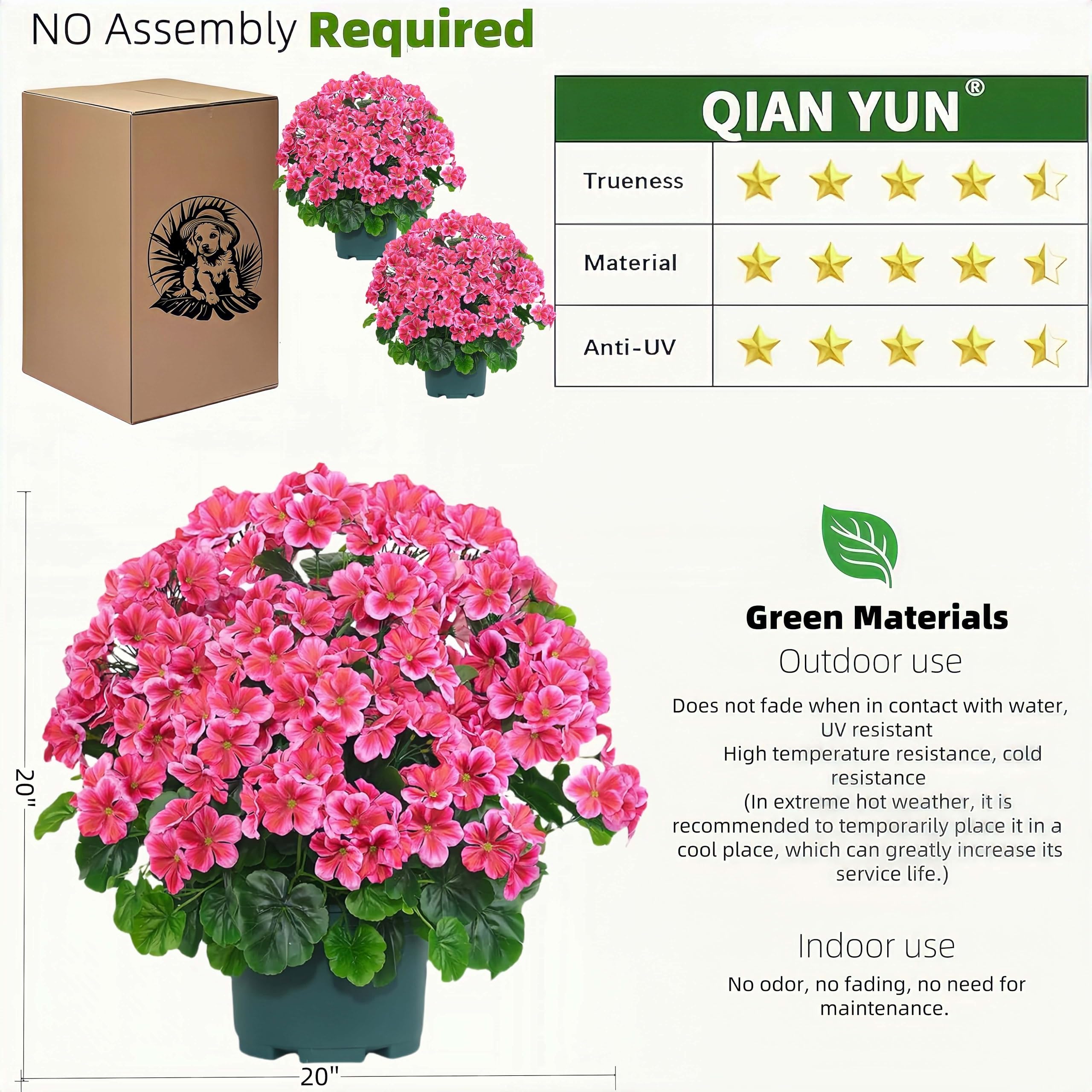 20” Artificial Topiary Potted Fake Geraniums Bush - UV Resistant Outdoor Decor for Front Porch, Garden, Yard & Patio - Dark Pink - Perfect for Home, Office & Wedding Decorations