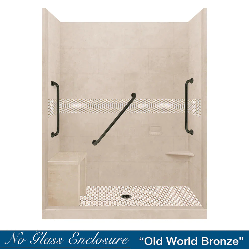 60 Alcove Desert Sand Sistine Stone & Honey Hex Mosaic Tile Accent - DIY Shower Remodel Kit with Free Shampoo Niche | Bathroom Wall & Floor Tile for Shower Backsplash, Bathroom Renovation, and Home Decor