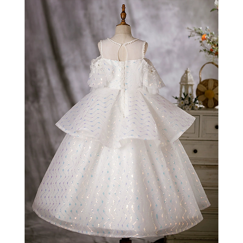 Elegant White Organza Flower Girl Dress with Jewel Neckline - Perfect for Weddings, Pageants & Special Occasions