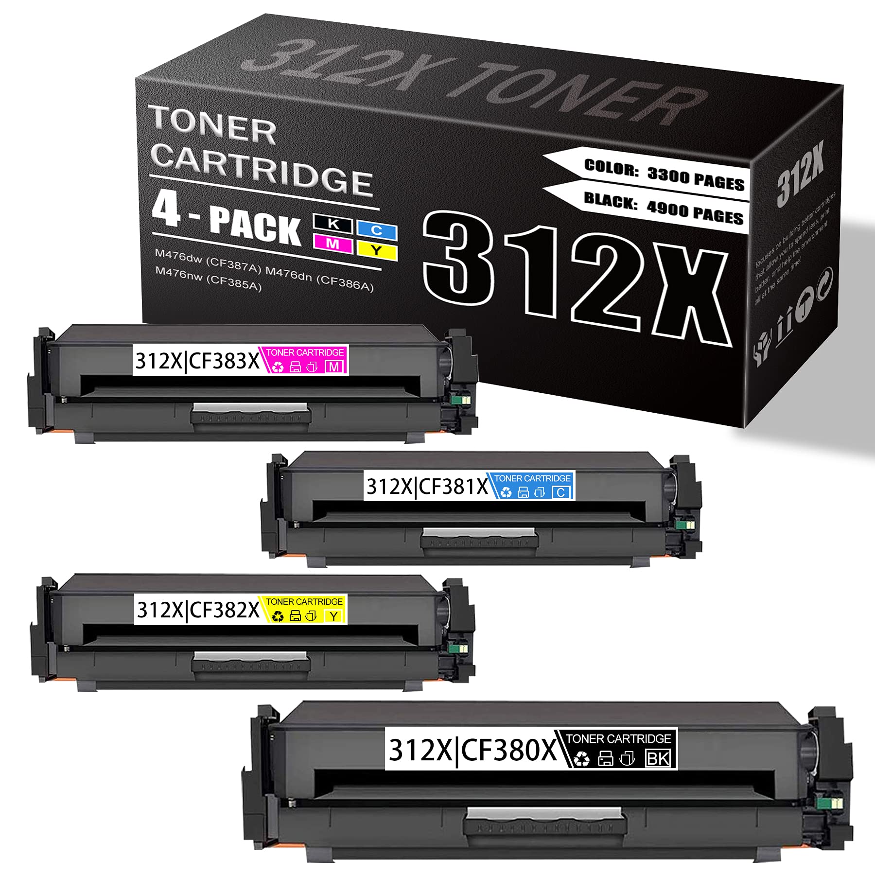 4 Pack (1BK+1C+1M+1Y) Remanufactured HP 312X/CF380X/CF381X/CF382X/CF383X Compatible Toner Cartridges - Replacement for HP M476dw (CF387A), M476dn (CF386A), MFP M476nw (CF385A) Printers - Ideal for Home Office & Small Business Printing Needs