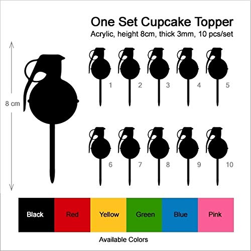 TA1134 Grenade Hand Bomb Silhouette Acrylic Cupcake Toppers - 10pcs for Party, Wedding & Birthday Decorations - Perfect for Military Themed Events, Bachelor Parties and Unique Dessert Displays