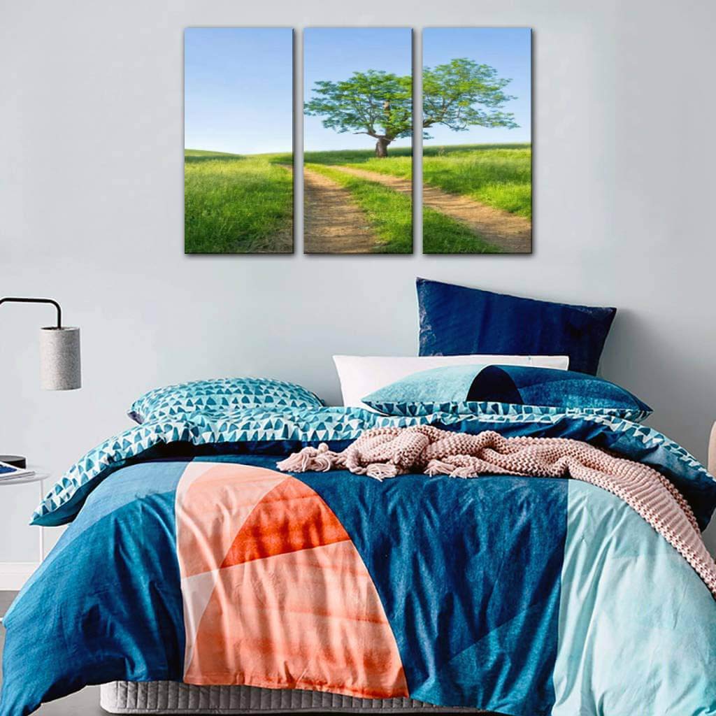 Blaverr Idyllic Farm Scene Country Road Single Tree Canvas Wall Art - 3 Panel Paintings for Living Room Bedroom Decor - Farmhouse Landscape Poster for Home Office Nursery Wall Decoration