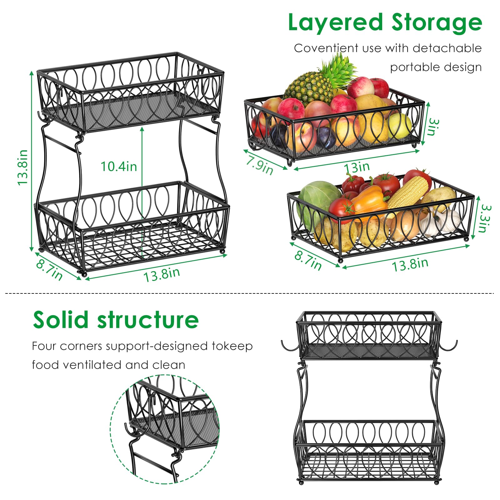 2-Tier Countertop Fruit Basket & Bread Bowl - 13.8-Inch Black Wire Storage Basket for Kitchen, Vegetables, Potatoes, Onions | Perfect for Pantry Organization & Countertop Display