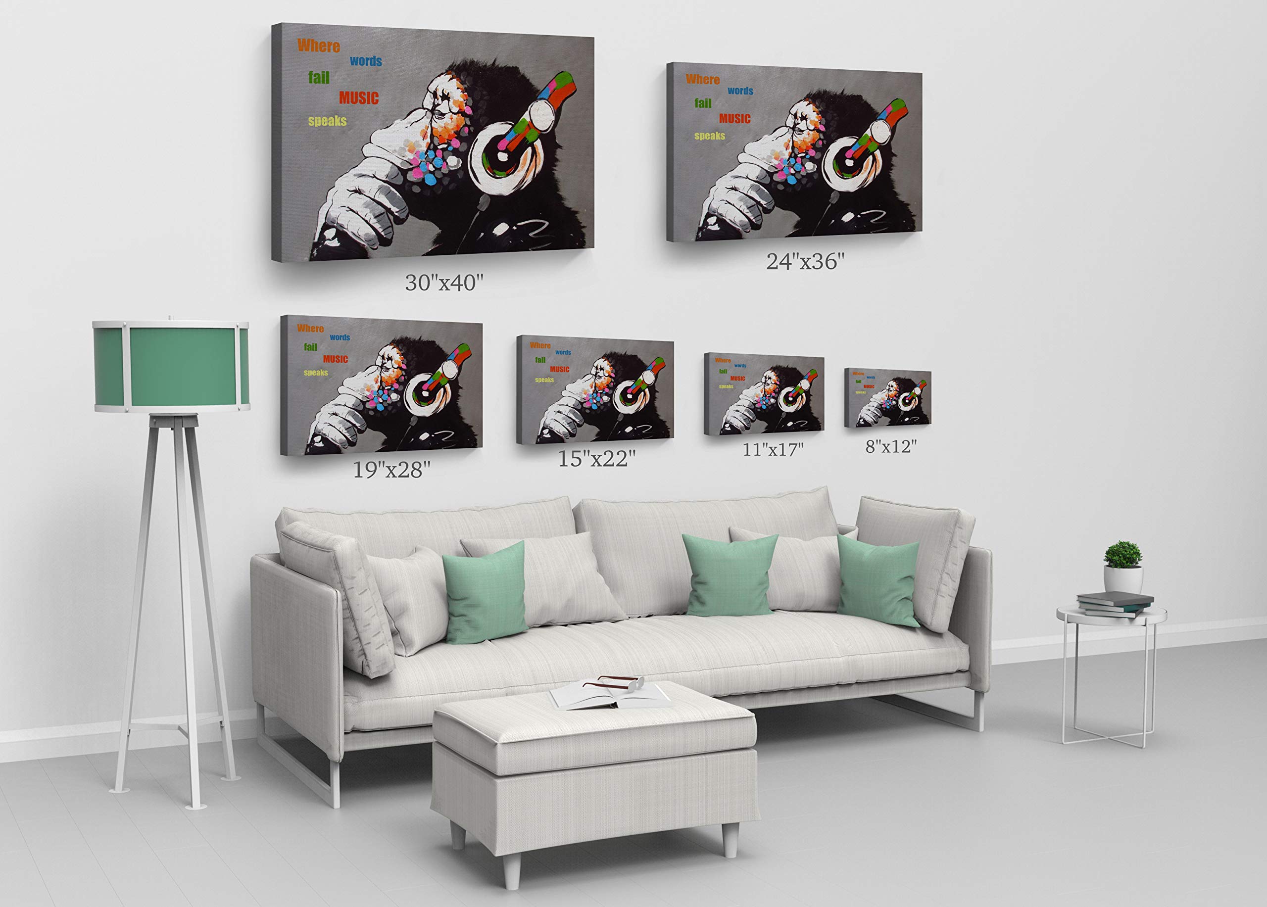 Banksy Wall Art Canvas Print - Gorilla 'Where Words Fail Music Speaks' Quote Oil Painting | Handmade in USA | 24x36 Inches | Ready to Hang Home Decor | Perfect for Living Room, Bedroom & Office Wall Art
