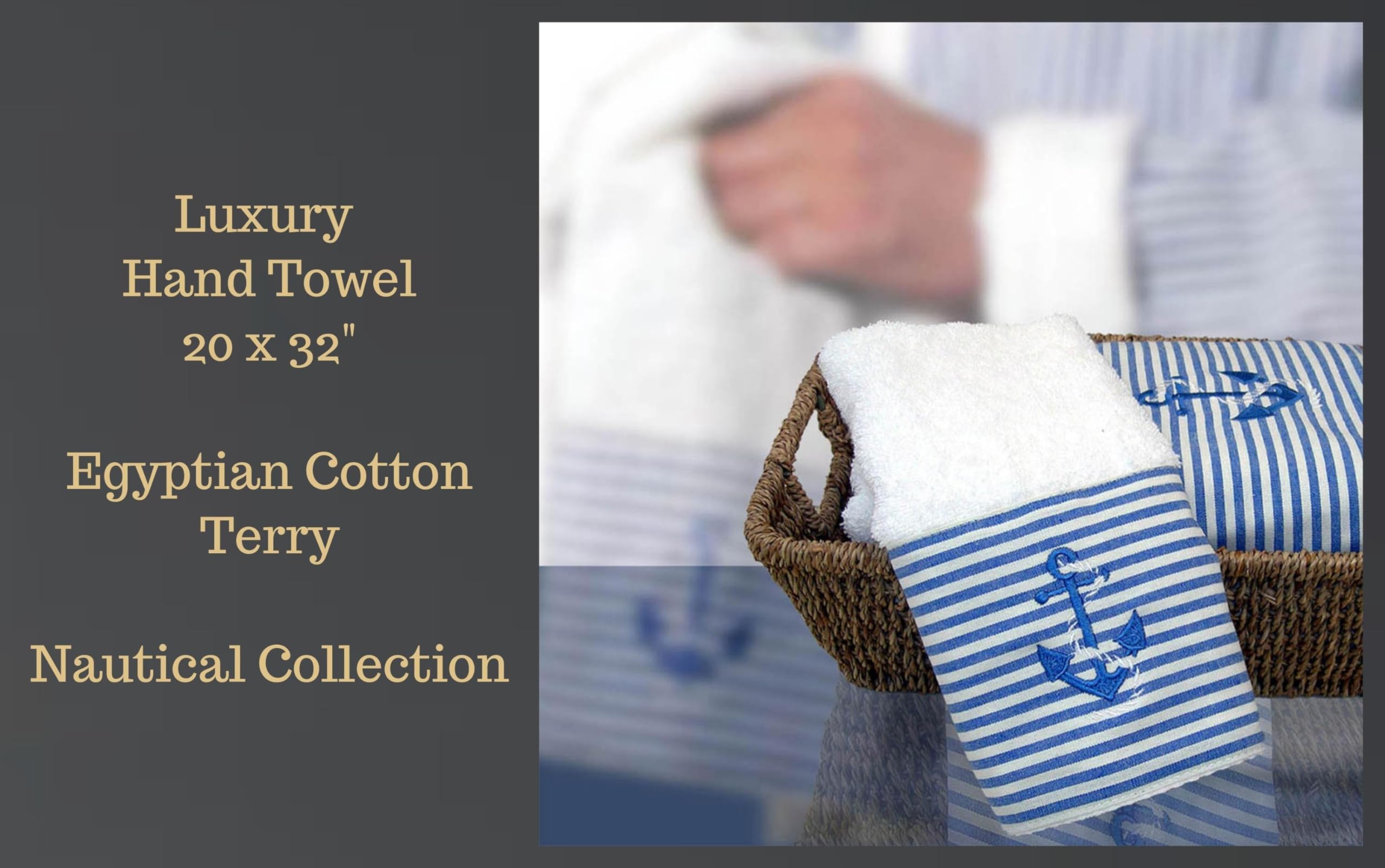 Premium Nautical Hand Towel Set of 3 - Soft Absorbent Bath Towels with Anchor & Blue Stripe Design (19