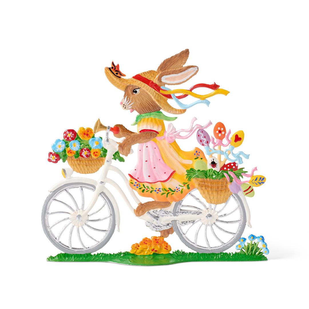 Spring Bunny on Bicycle Pewter Decor - Vintage Easter Home Decor, Handcrafted Metal Figurine for Tabletop, Shelf Display & Gift Giving