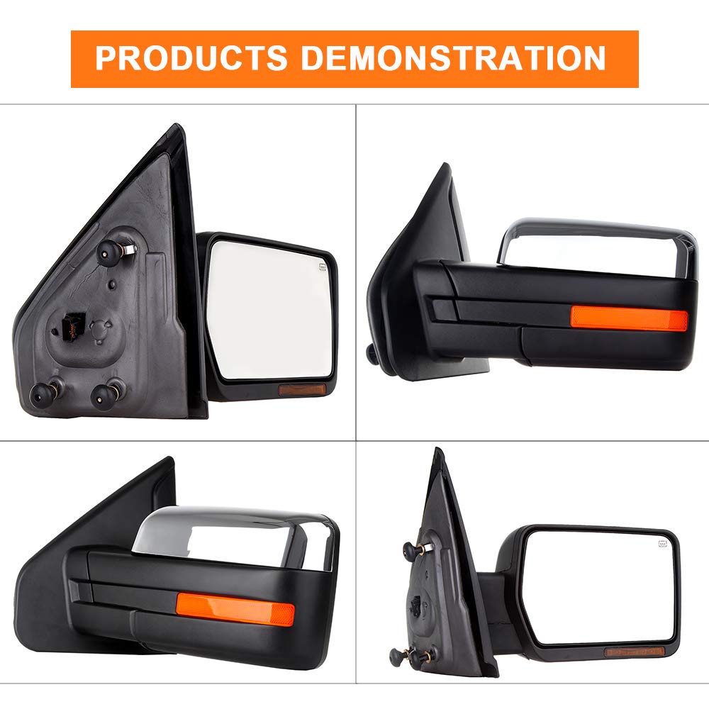 ROADFAR Power Heated Towing Mirrors for 2004-2014 Ford F150 Pickup - Left & Right Side Mirrors with Turn Signal, Puddle Light & Chrome Housing | Perfect for Towing, Off-Roading & Night Driving