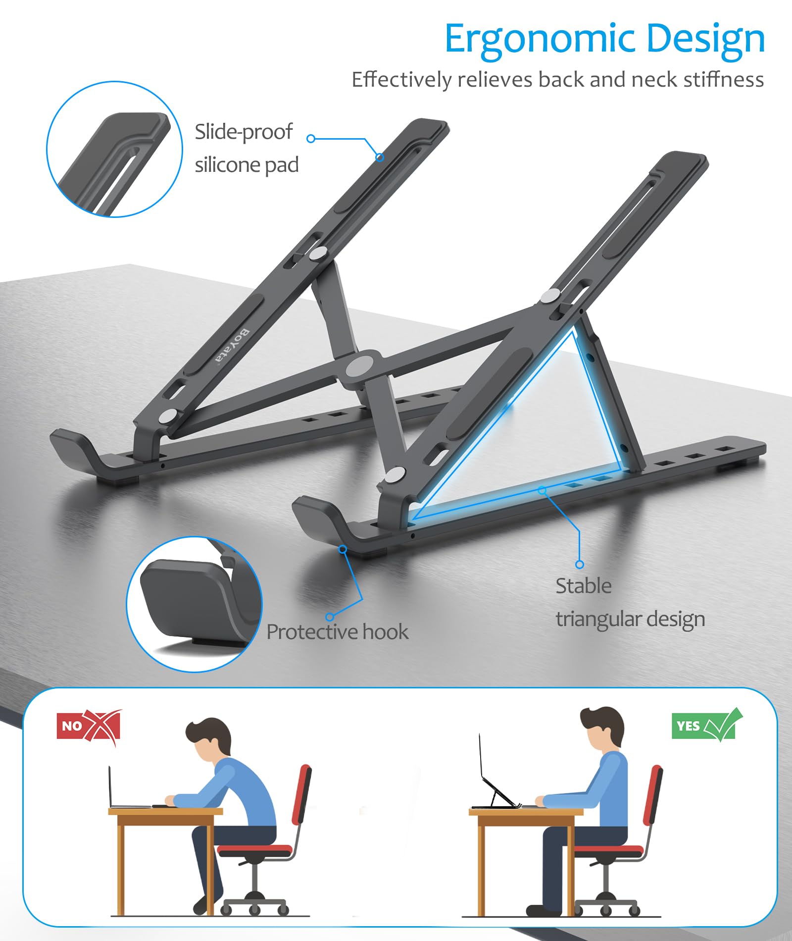BoYata Aluminum Foldable Laptop Stand with 6 Adjustable Heights - Portable Laptop Riser for MacBook, HP, Lenovo & Dell 10-15.6 Inch Notebooks - Ergonomic Desk Stand for Home, Office & Travel (Grey)