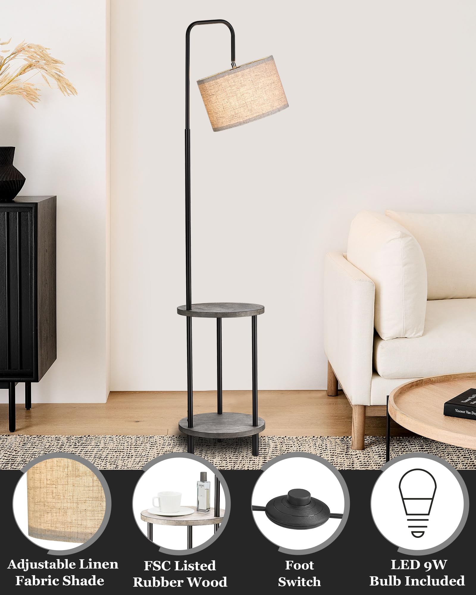 ELYONA Rubber Wood Floor Lamp with Side Table - Mid Century Modern Rustic Standing Light for Bedroom, Living Room & Farmhouse Decor - Industrial Tall Pole Reading Lamp in Grey - Perfect for Cozy Reading Nooks & Nightstand Lighting