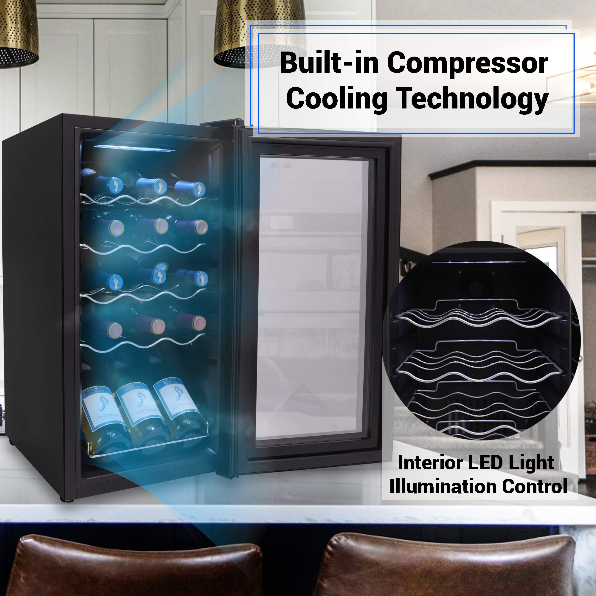 NutriChef 15-Bottle Compact Wine Cooler - Freestanding Mini Refrigerator with Digital Touch Control, Glass Door & Quiet Operation - Perfect for Home, Office, or Bar (Black, White & Red)