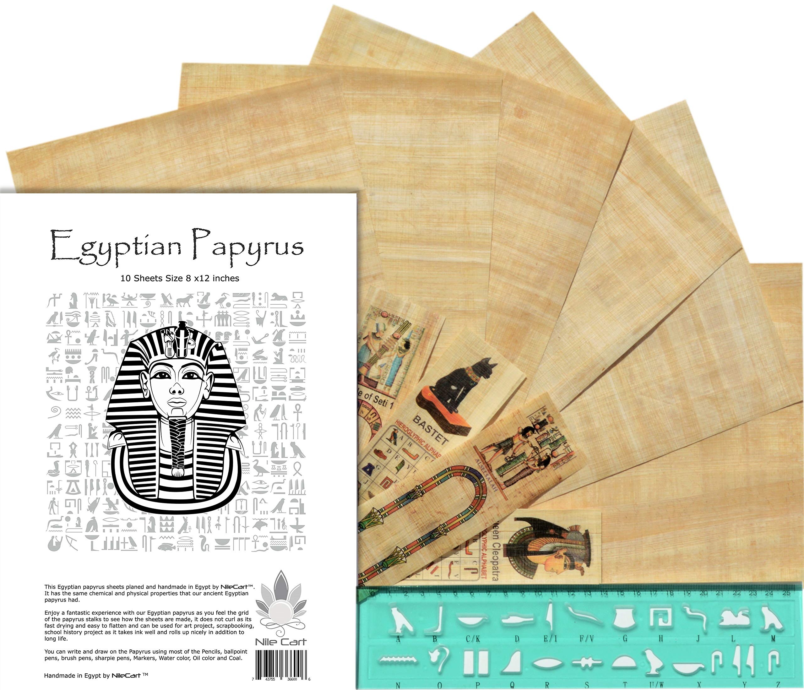 Authentic Egyptian Papyrus Blank Sheets 8x12 Inches - Includes Hieroglyphic Alphabet Stencil Ruler & Bookmarks (10 Sheets) for Art Projects, Calligraphy & Ancient History Education | Perfect for DIY Crafts, Classroom Activities & Unique Gifts