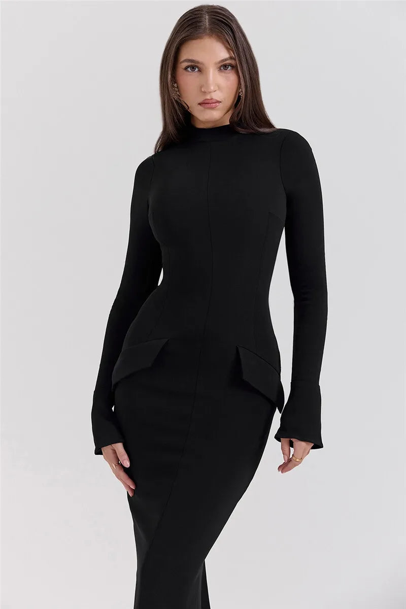 Elegant Black Long Sleeve Bodycon Maxi Dress for Women - O Neck with Two Pockets & Back Split - Perfect for Fall Winter Fashion, Date Nights, and Evening Parties