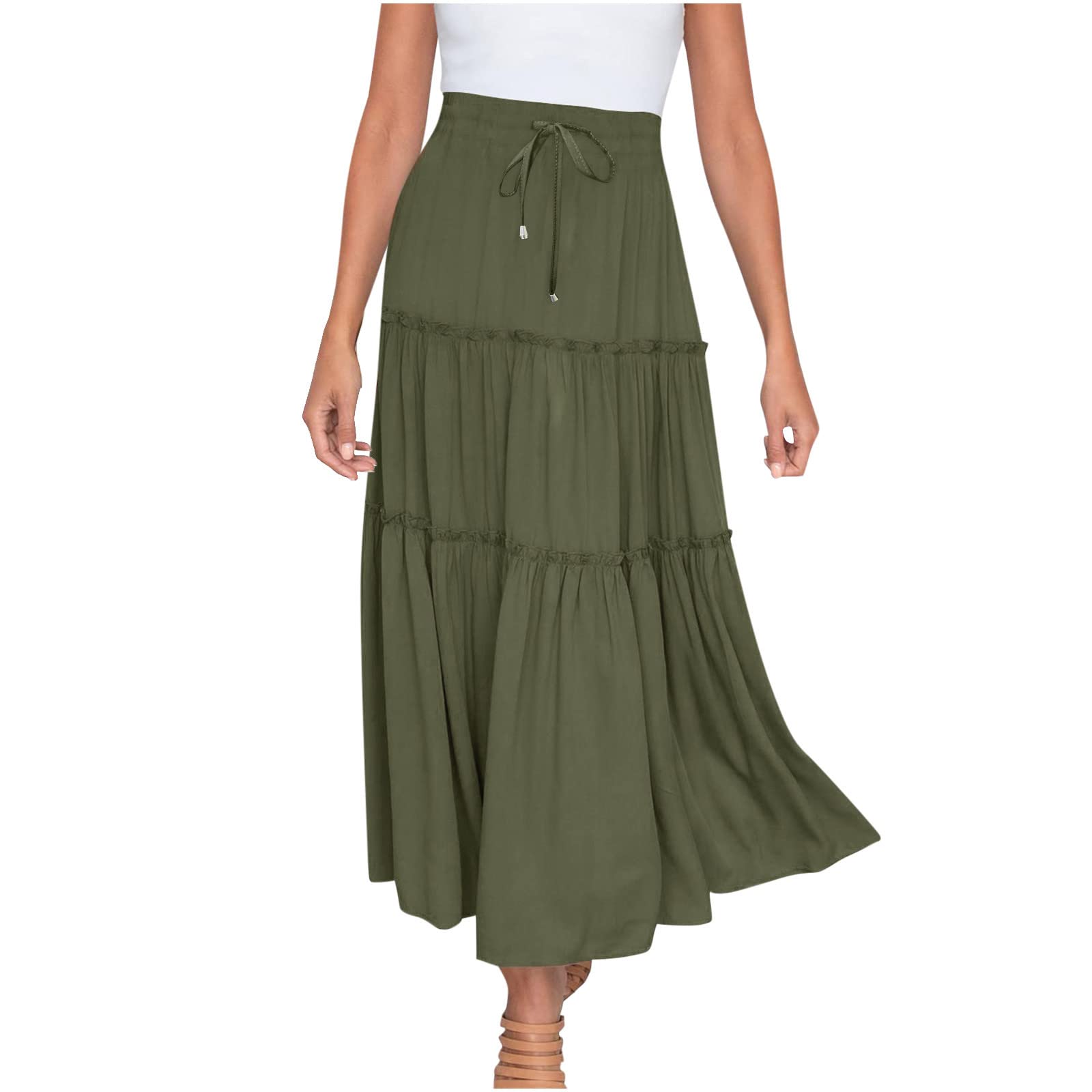 Boho Maxi Skirts for Women - Long Flowy Solid Color Casual Skirts with Ruched Ruffles & Elastic Waist - Perfect for Beach, Vacation, Summer Outfits & Boho Fashion