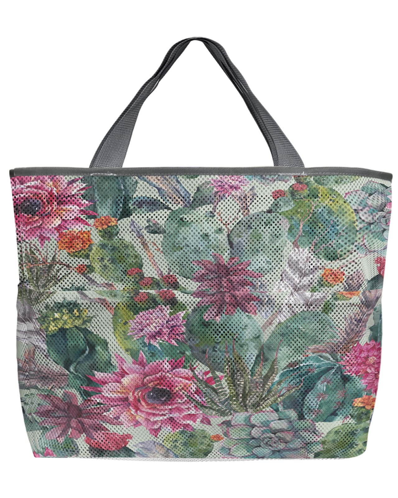60L Oversized Mesh Beach Tote Bag with Pockets - Watercolor Succulent & Cactus Design - Foldable Lightweight Swim Bag (24