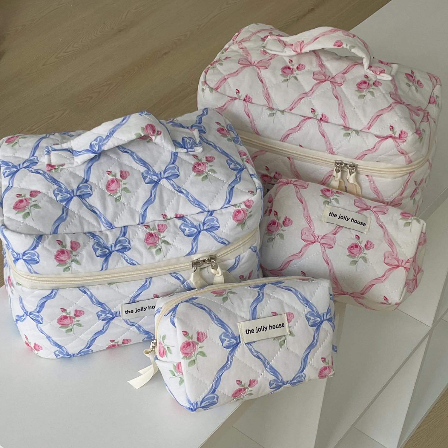 Floral Quilted Makeup Bag Set - 3 Pack Pink Bow Cosmetic Organizer for Travel & Toiletry