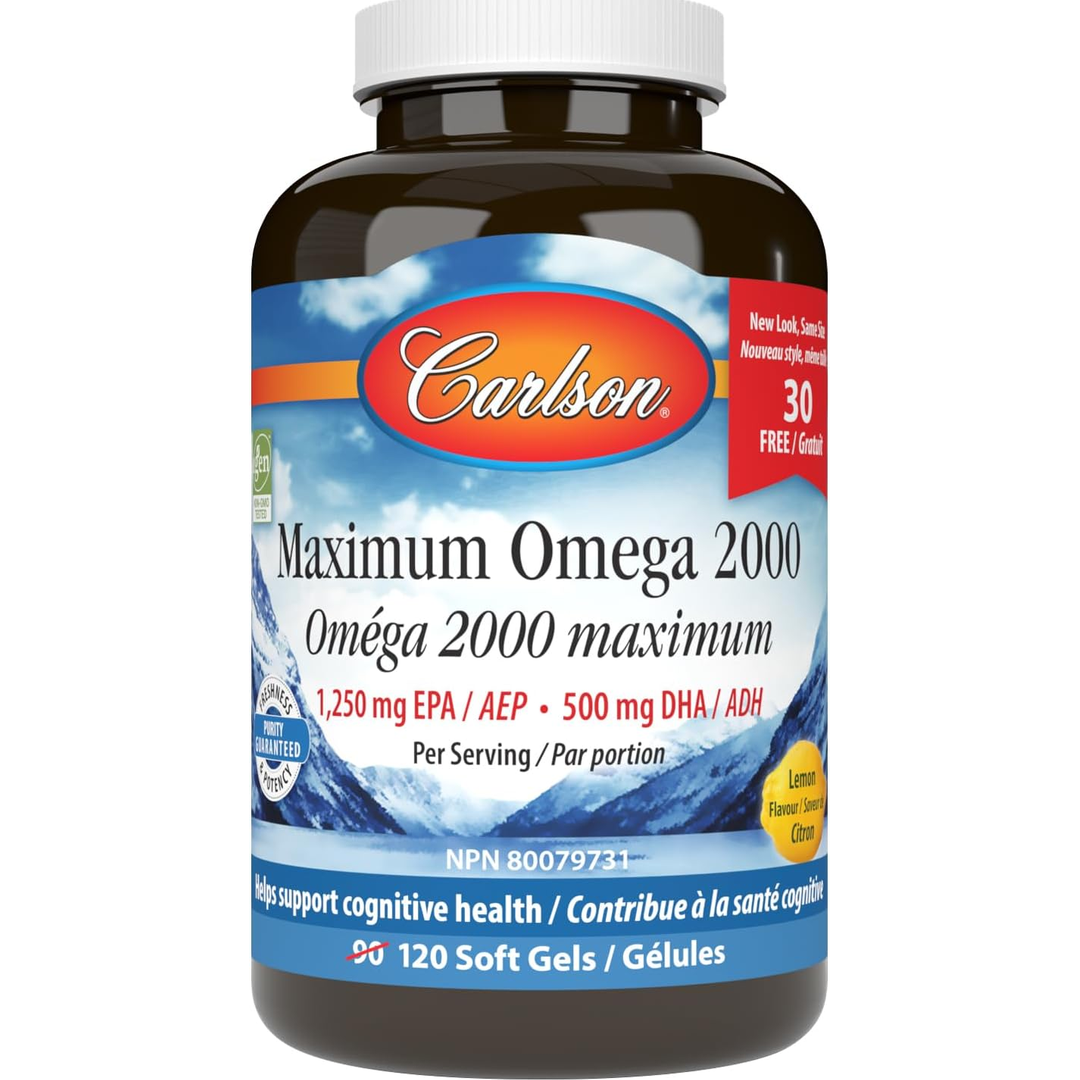 Carlson Maximum Omega 2000 Fish Oil 120 Softgels - Premium EPA & DHA Supplement for Heart, Brain & Joint Health - Ideal for Daily Wellness & Active Lifestyle