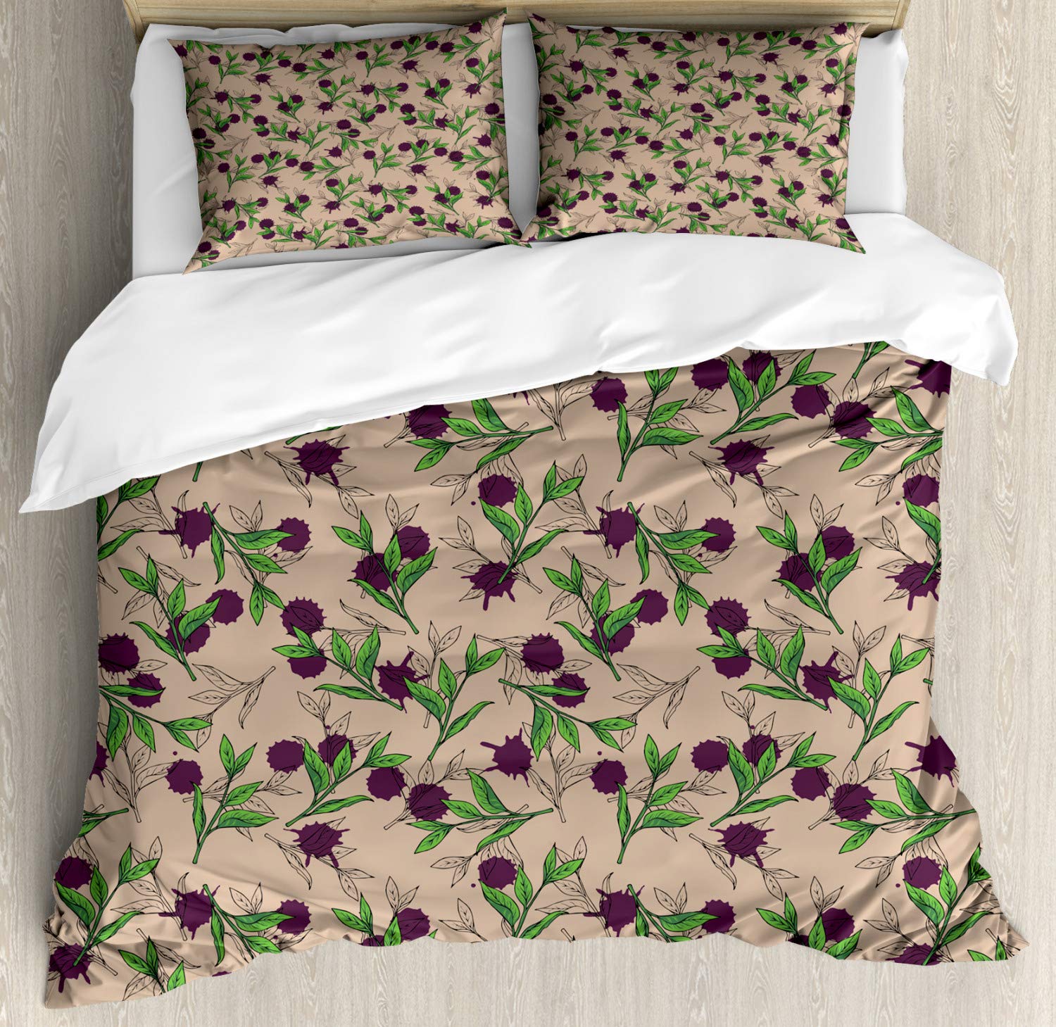 Ambesonne Floral Duvet Cover Set | Natural Tea Leaves with Purple Paint Drops Design | 3-Piece Queen Size Bedding Set with 2 Pillow Shams | Tan, Plum & Lime Green | Perfect for Bohemian Bedroom Decor & Guest Room Styling